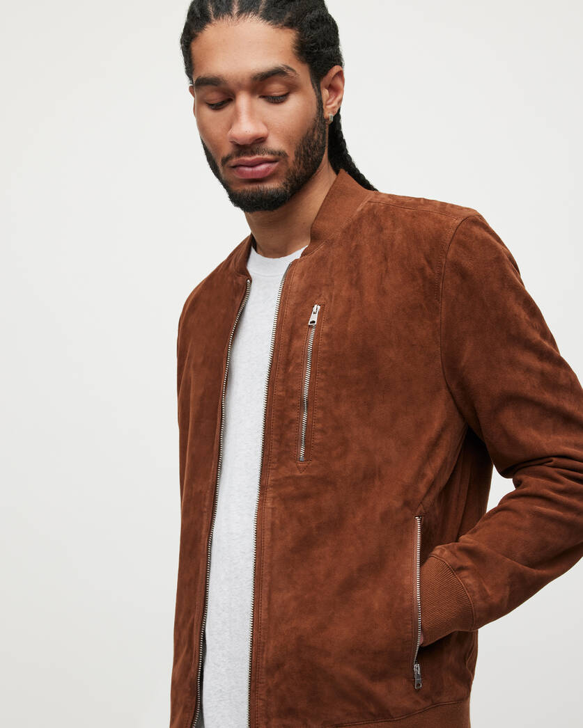 Men's Tan Leather Suede Bomber Jacket