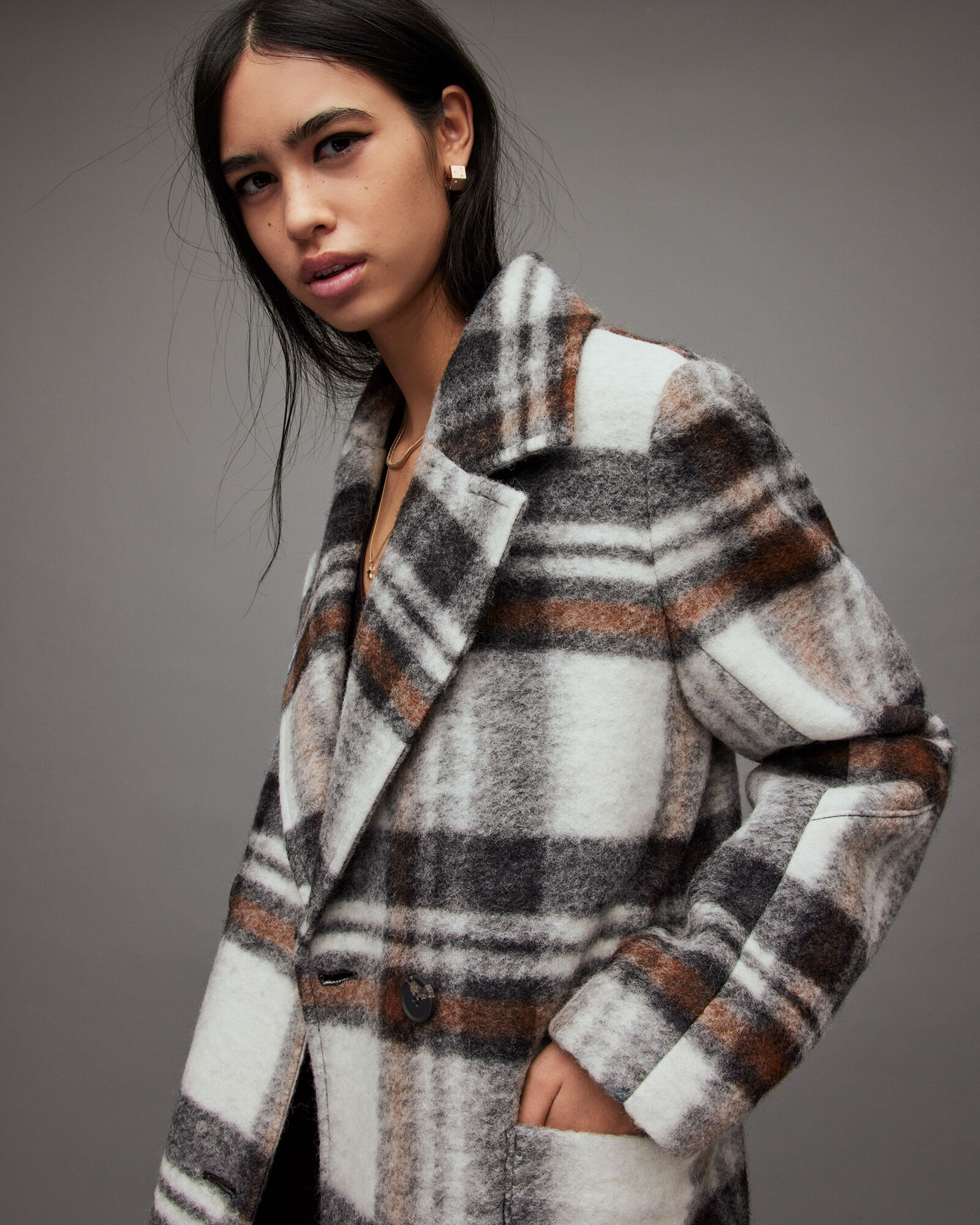 Esme Relaxed Checked Coat BLACK/WHITE/BROWN | ALLSAINTS US