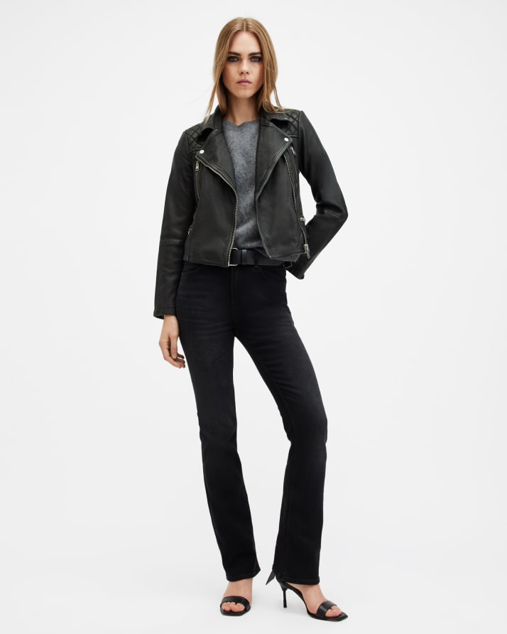 Women's Cargo Leather Jacket - Outfit Front View