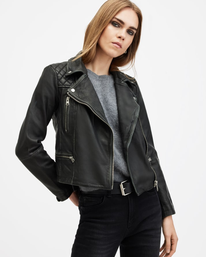 Women's Cargo Leather Jacket - Front View