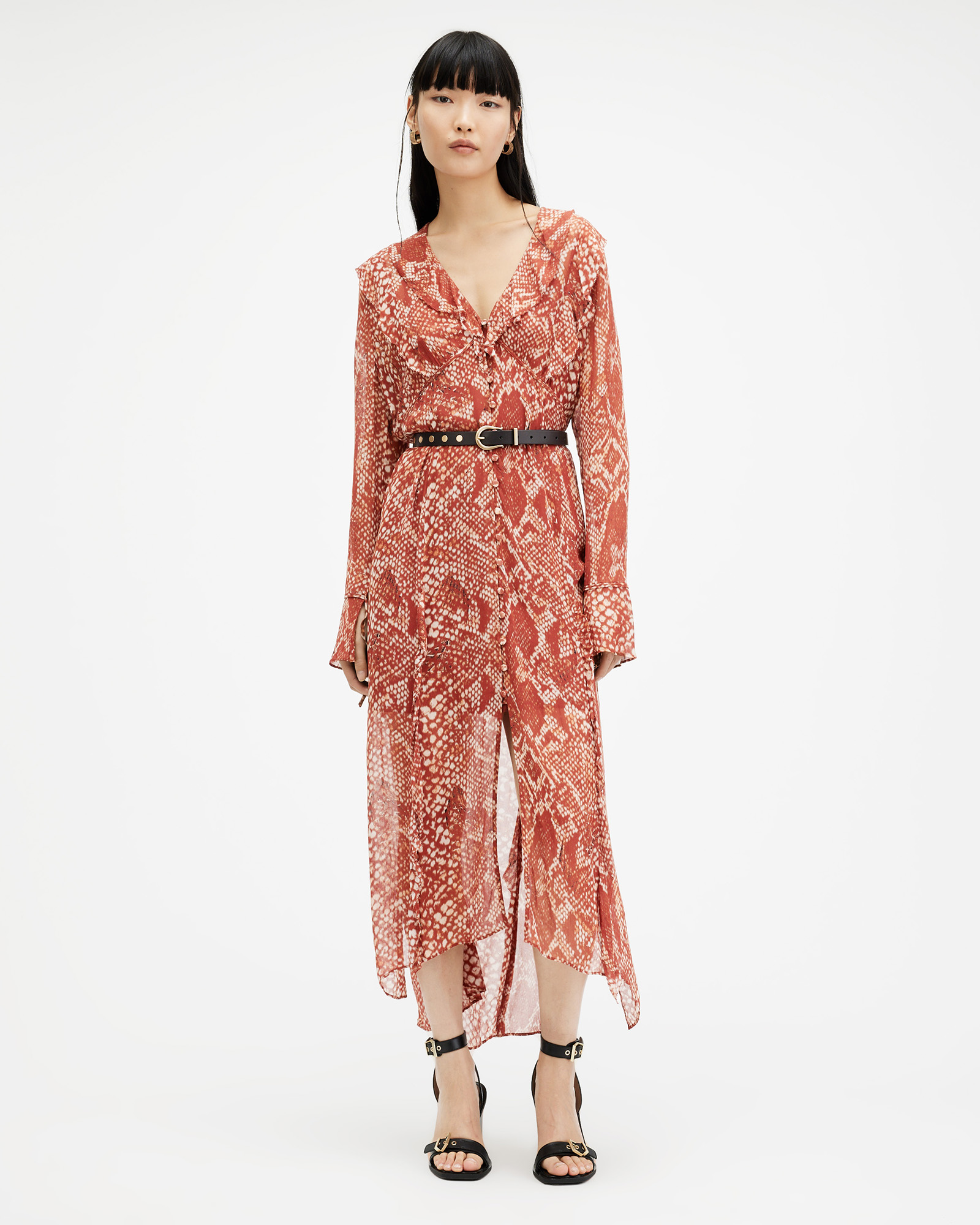 AllSaints Liana Waimea Print V-Neck Maxi Dress,, Red Clay, Size: UK 8/US 4