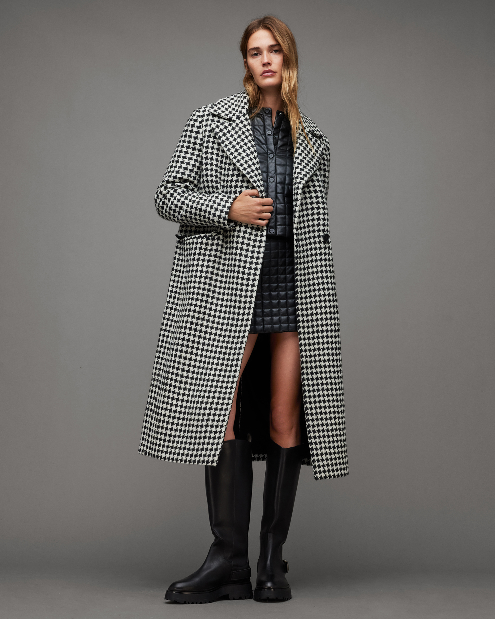 Alexis Star Checked Jacquard Wool Coat Black/White | ALLSAINTS