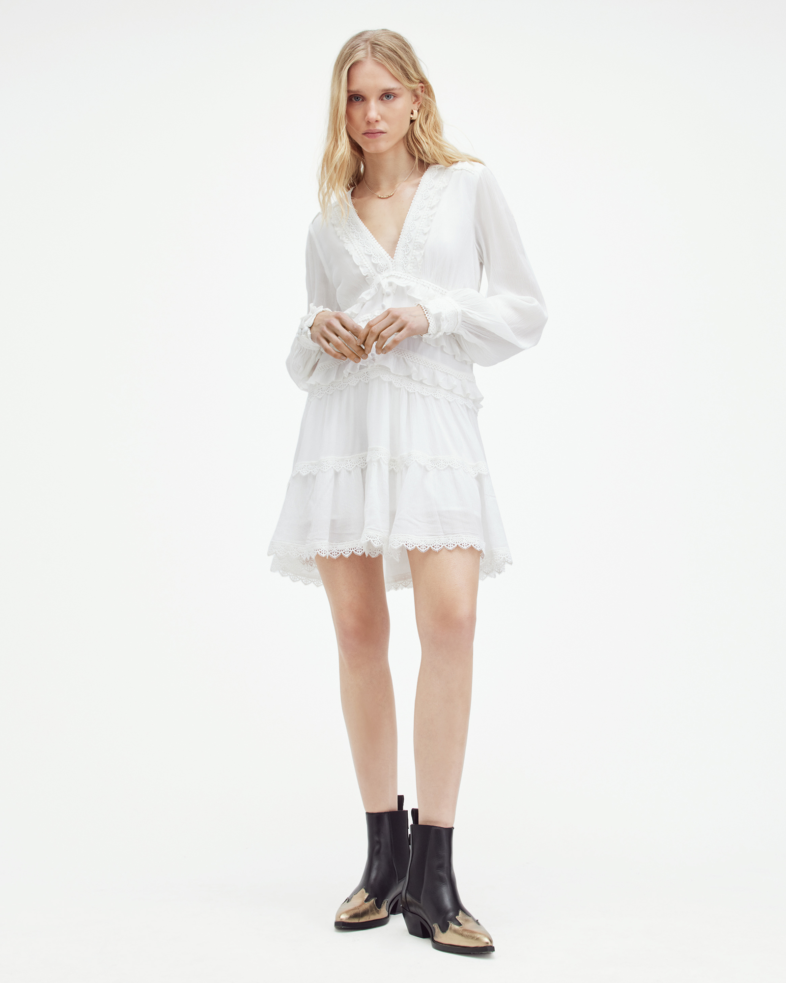 Zora V-Neck Ruffled Mini Dress Chalk White | ALLSAINTS