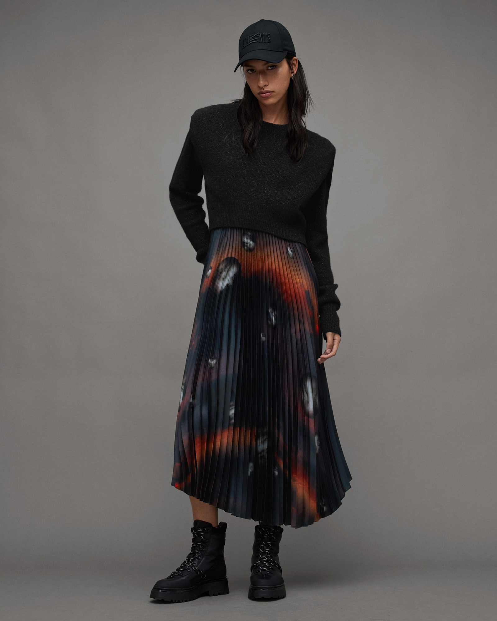 AllSaints Leia Moonage 2-In-1 Pleated Midi Dress,, Black/fire Red