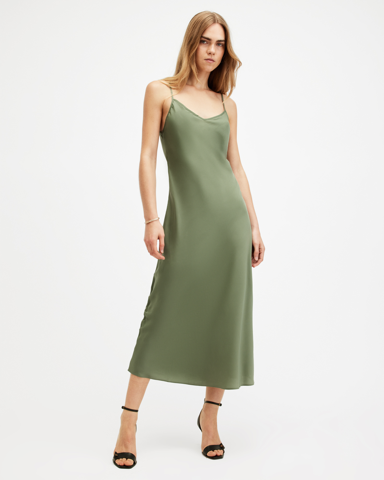 AllSaints Bryony V-Neck Midi Slip Dress,, OIL GREEN
