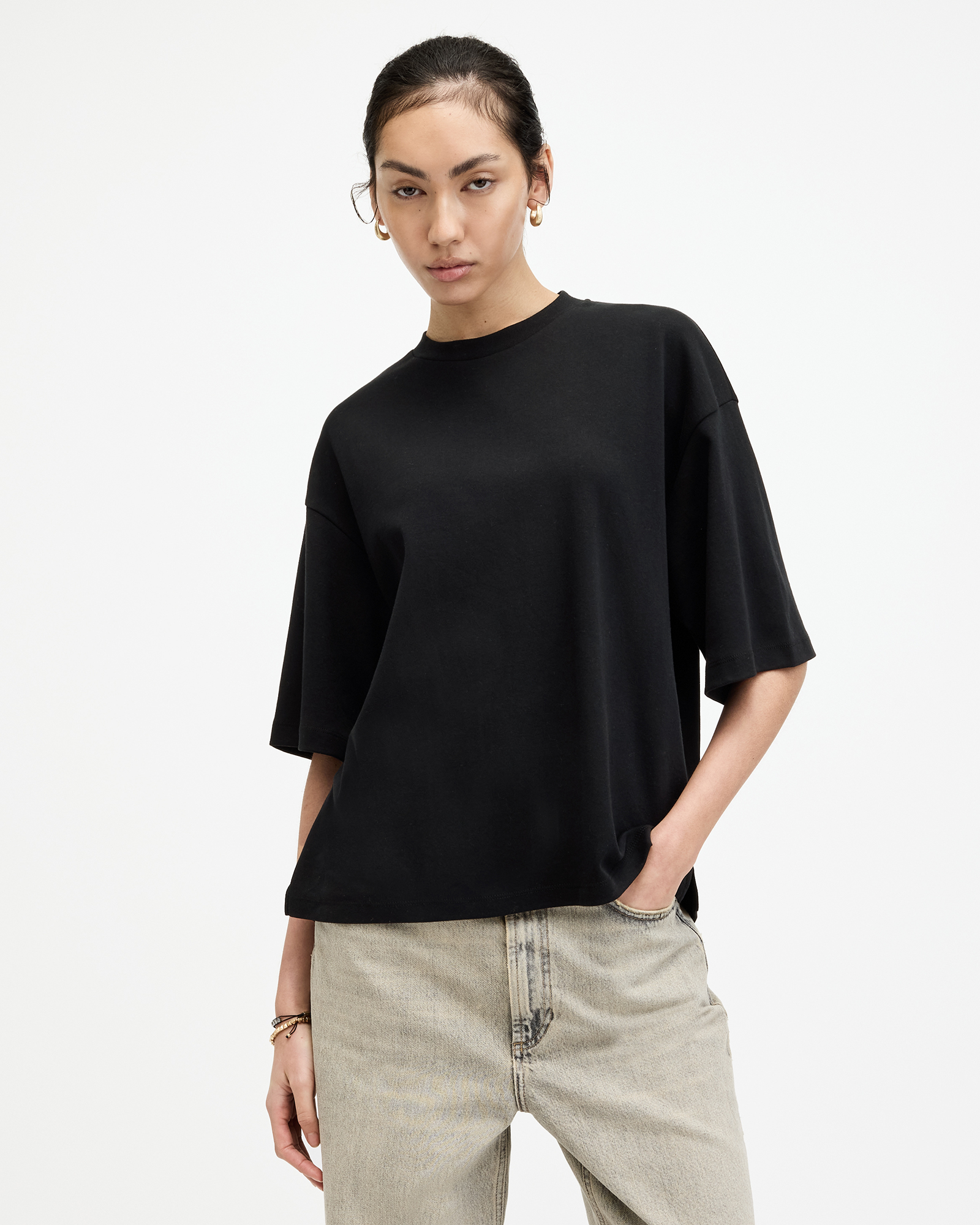 AllSaints Amelie Oversized Boxy T-Shirt,, Black, Size: