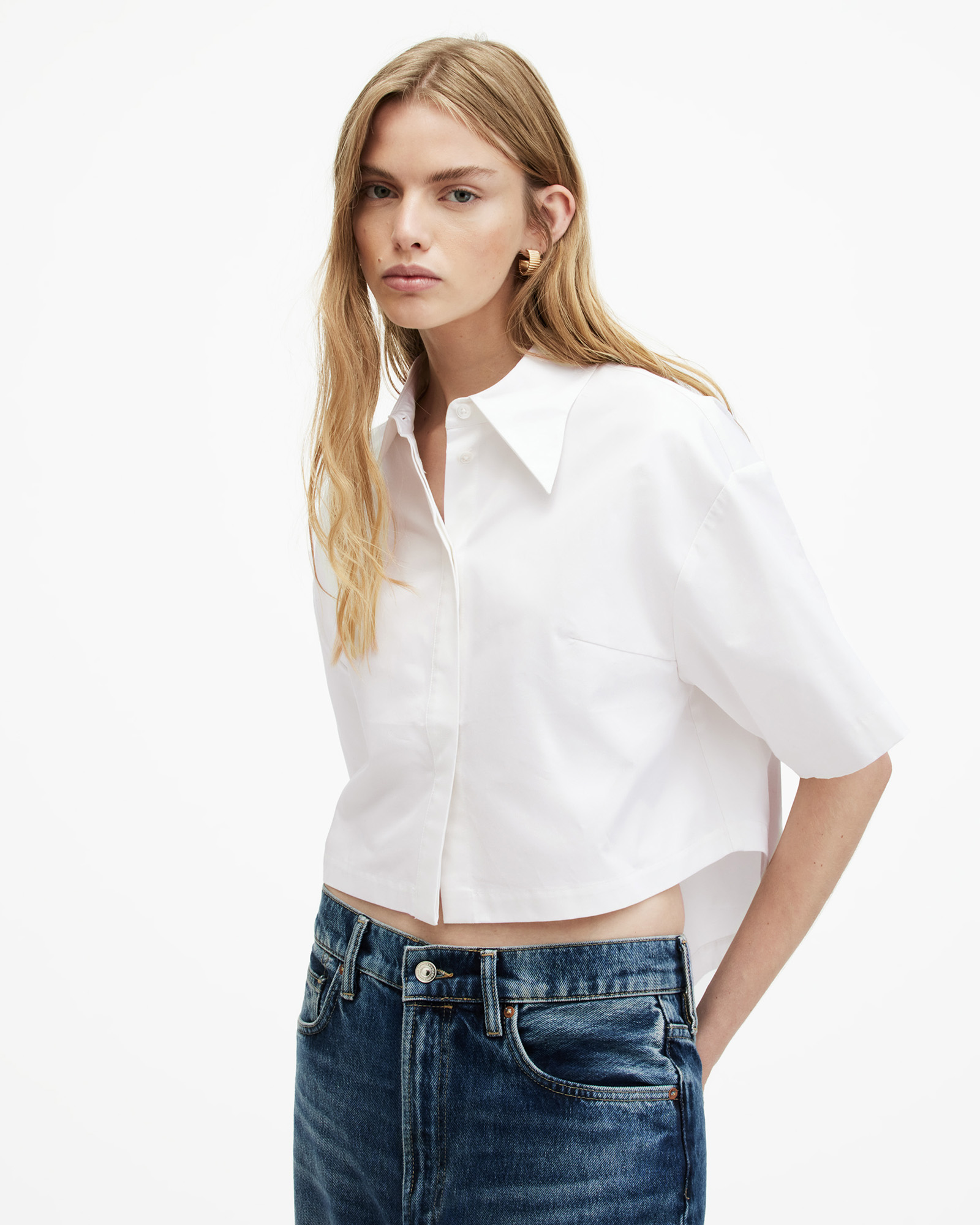 AllSaints Joanna Relaxed Fit Cropped Shirt,, White, Size: UK 12/US 8