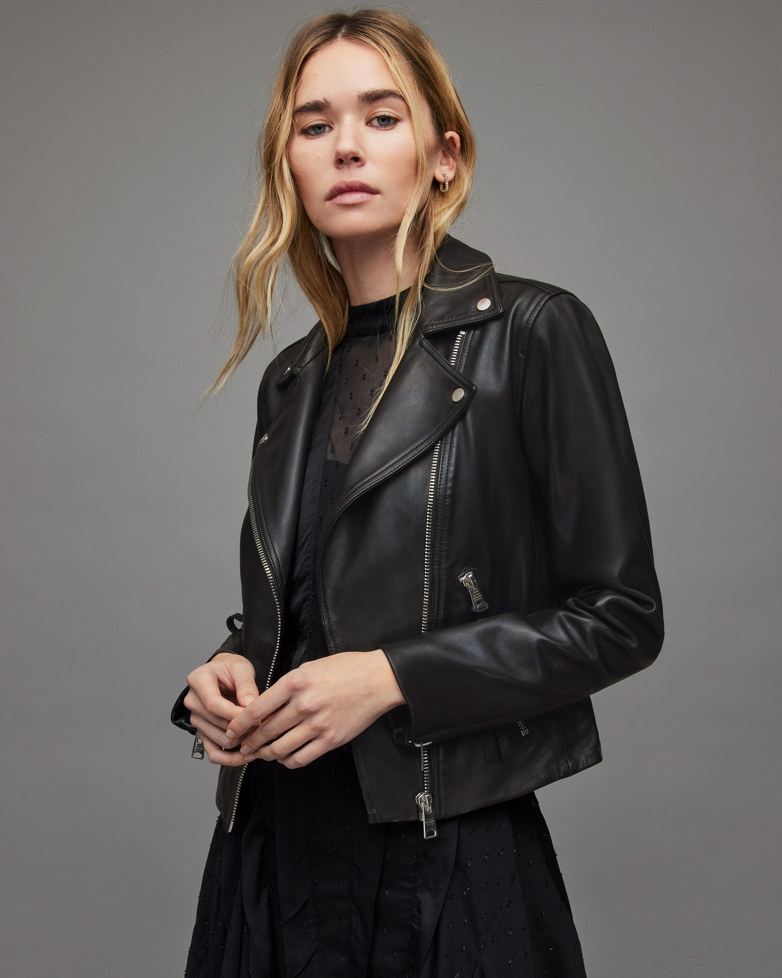 Dalby Slim Fit Leather Biker Jacket BLACK/SHINY SILVER | ALLSAINTS