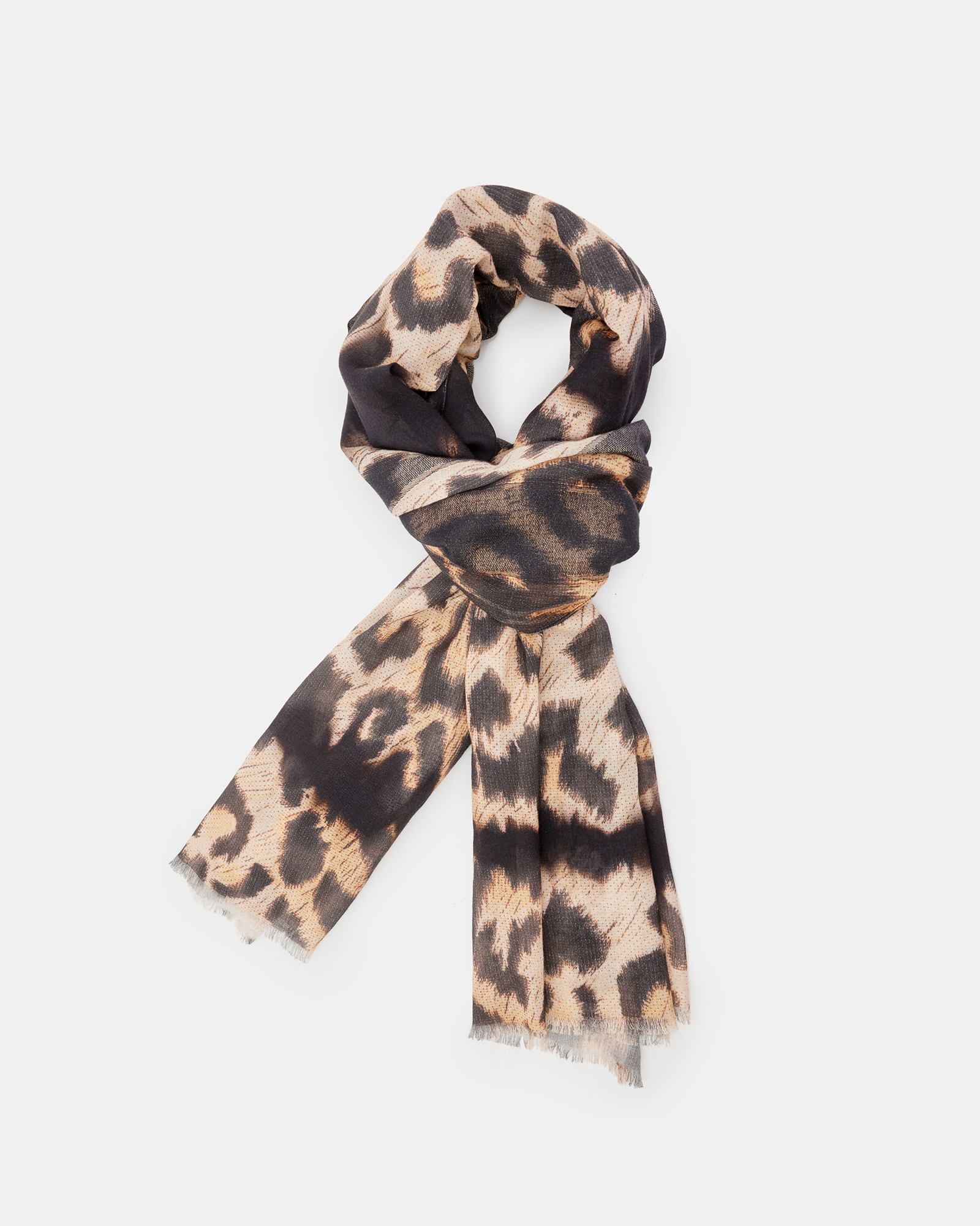 AllSaints Oppose Leopard Print Oblong Logo Scarf,, CAMEL/BLACK, Size: One Size