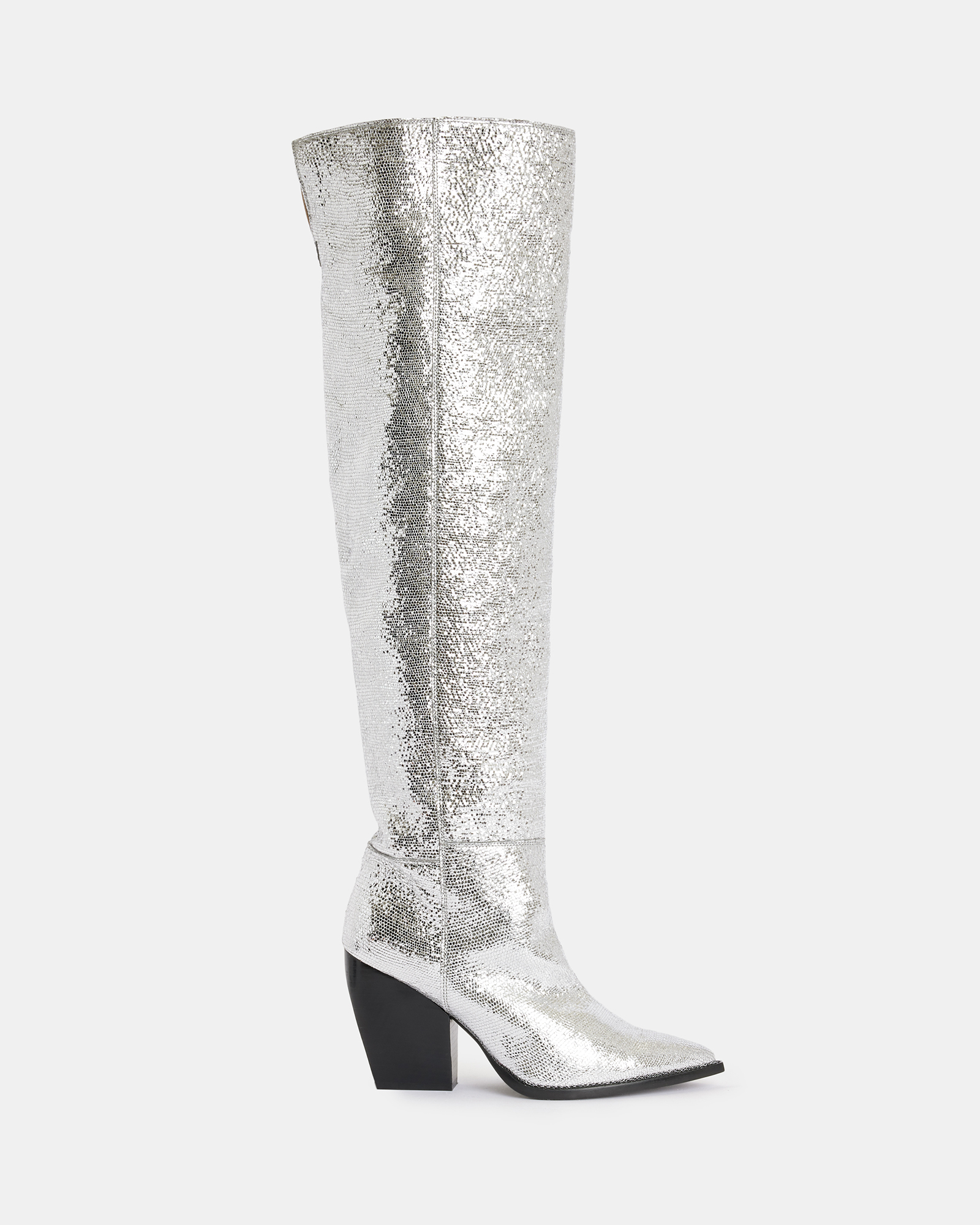 Allsaints Reina Knee High Pointed Suede Boots In Silver