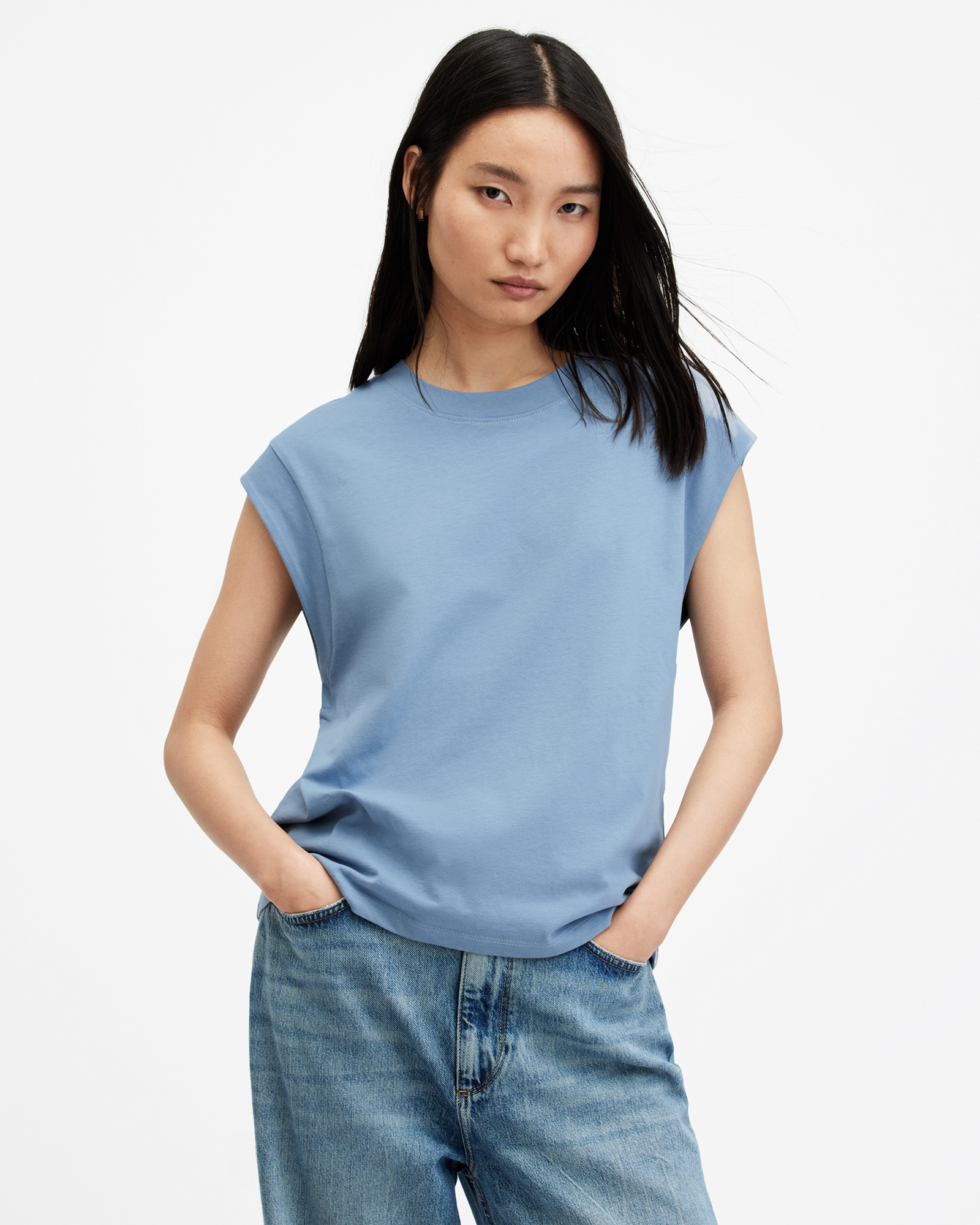 Esme Crew Neck Faced Shoulder T-Shirt Denim Blue | ALLSAINTS Canada