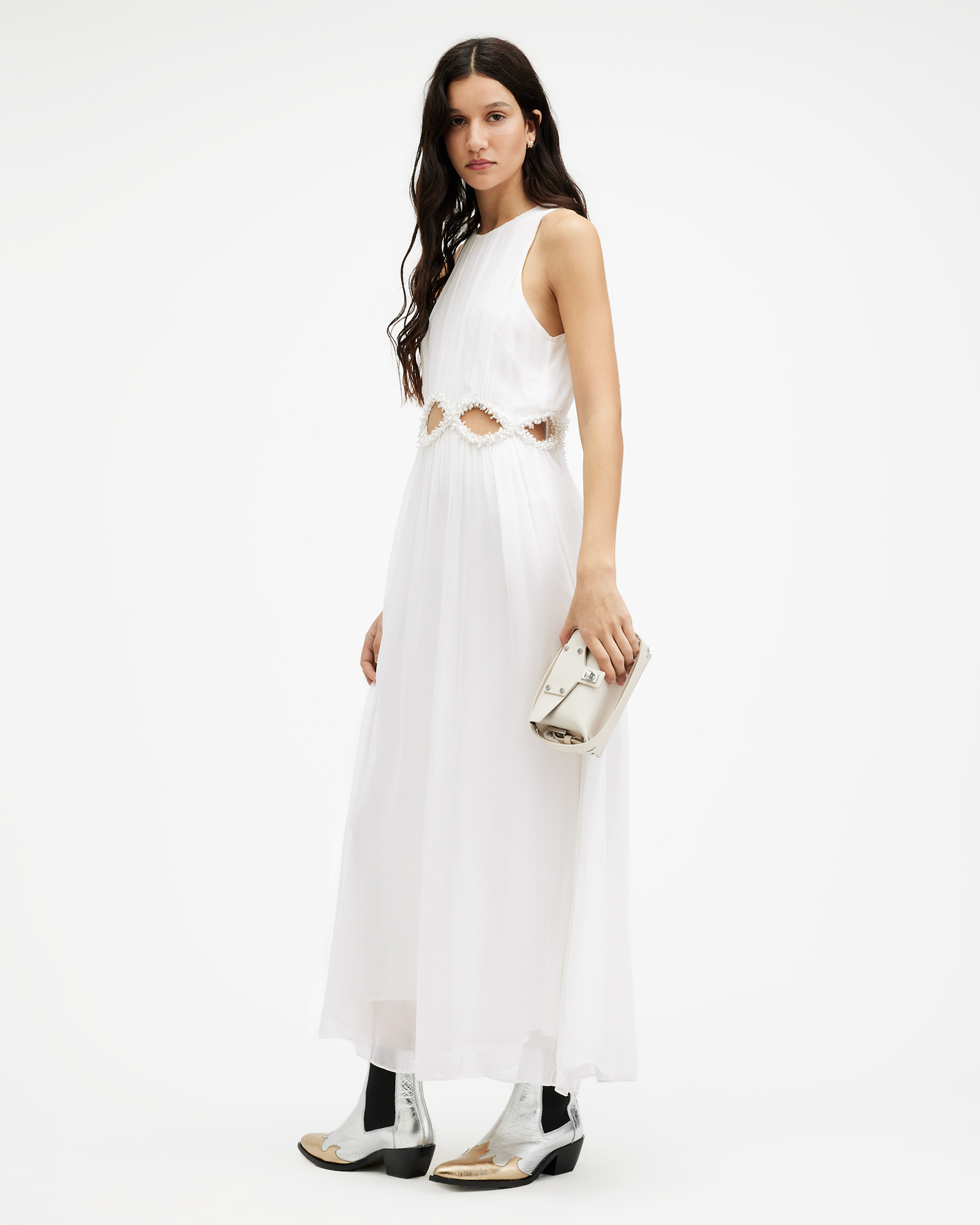 AllSaints Mabel Cut Out Embellished Maxi Dress,, Off White, Size: UK 8/US 4
