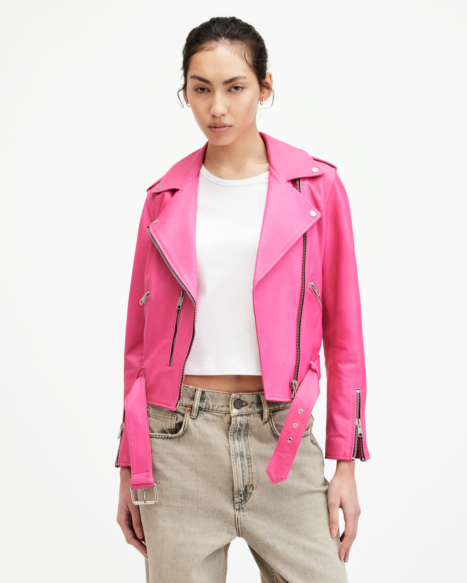 Balfern Leather Biker Jacket Neon Pink | ALLSAINTS