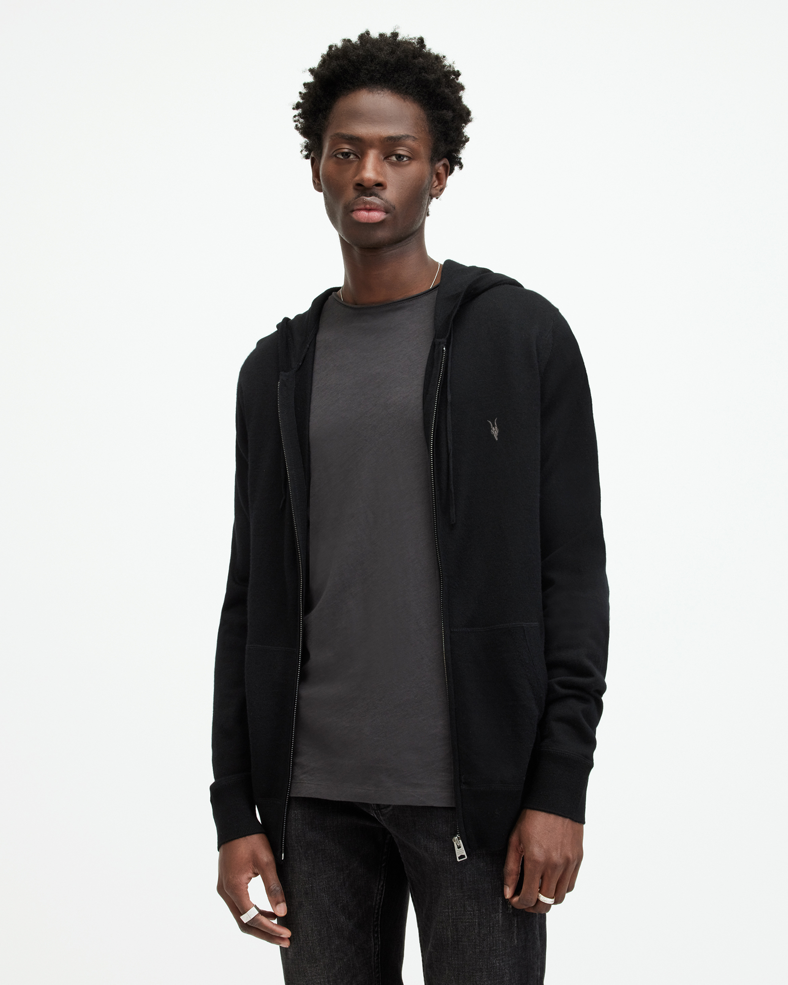 Mode Merino Zip Up Ramskull Hoodie Black | ALLSAINTS