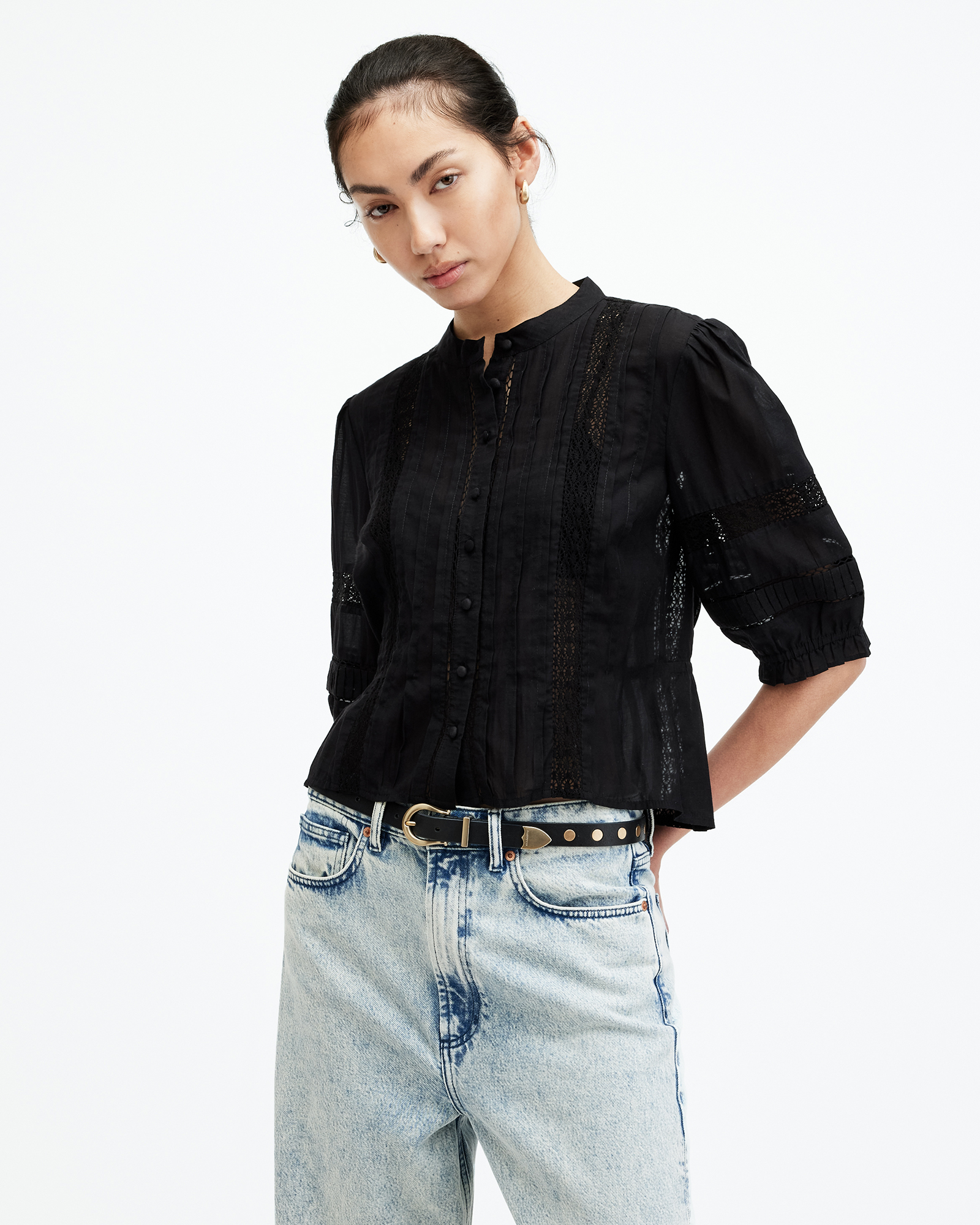 AllSaints Libby Slim Puff Sleeve Embroidered Shirt,, Black, Size: UK 6/US 2