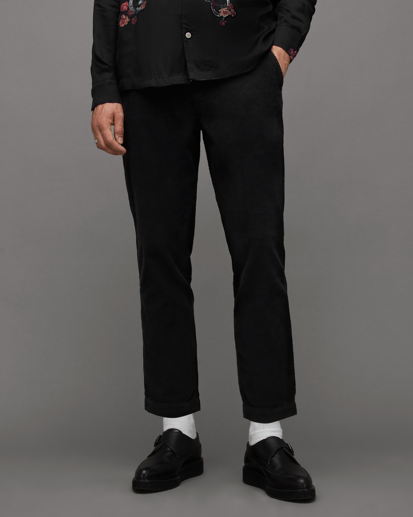 Sleid Cropped Slim Corduroy Trousers Black | ALLSAINTS