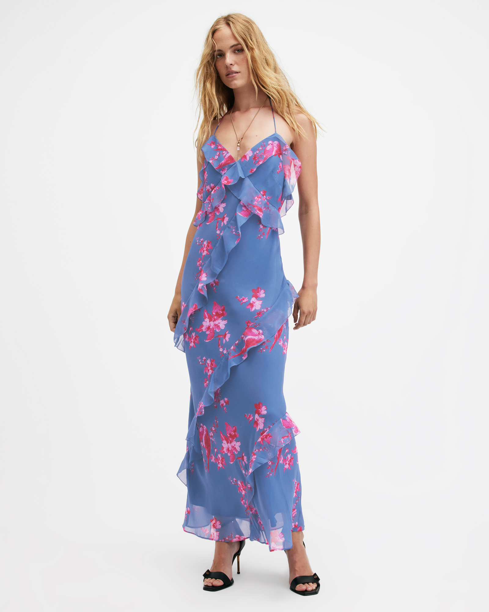 AllSaints Marina Iona Floral Print Slim Fit Dress,, Neon Pink