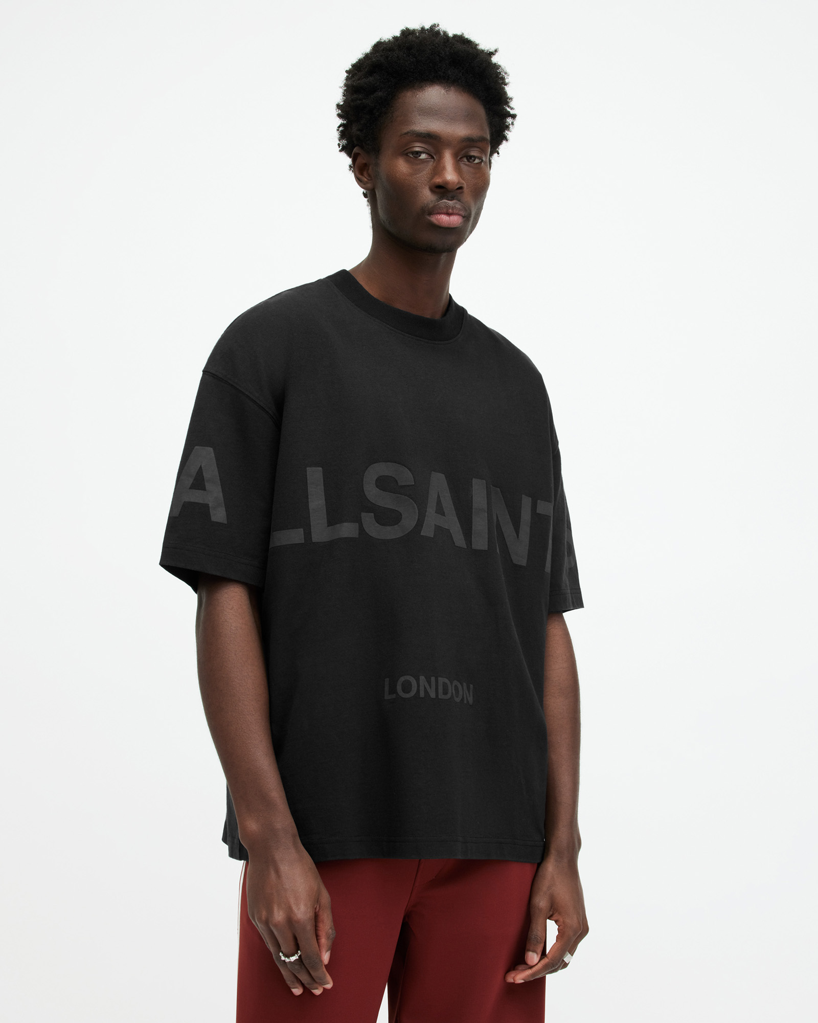 AllSaints Biggy Oversized Logo Print T-Shirt,, Jet Black, Size: