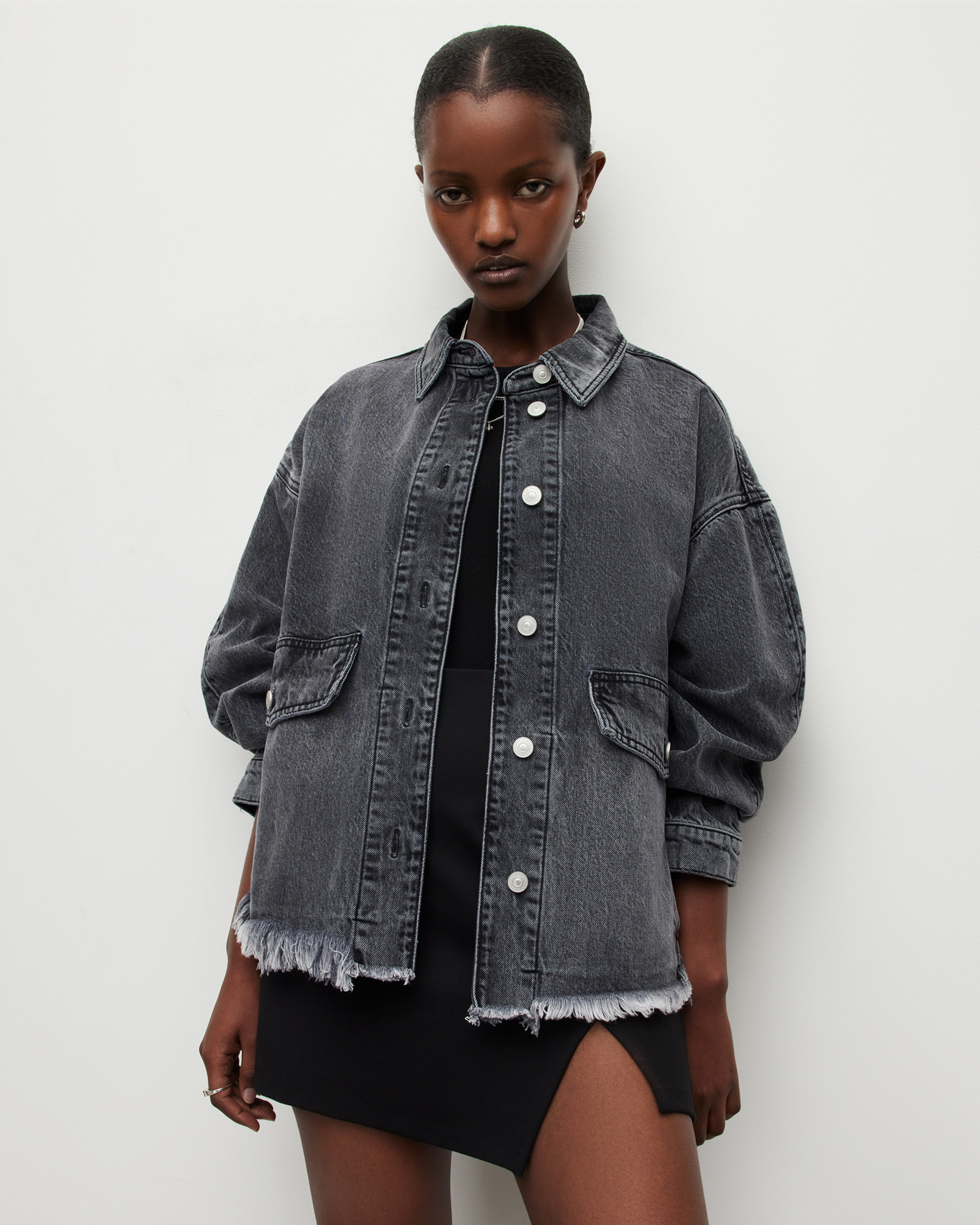 Hettie Oversized Denim Shacket Washed Black | ALLSAINTS