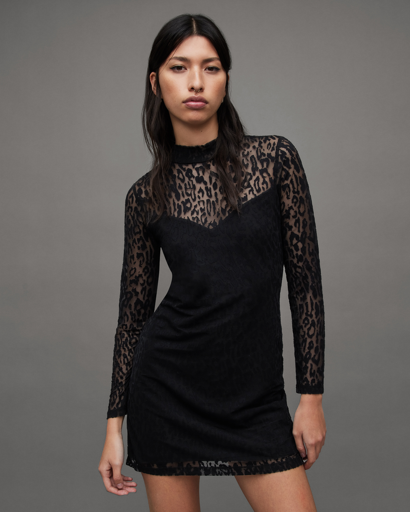 Hanna Anita Devore Leopard Print Mini Dress Black | ALLSAINTS Canada