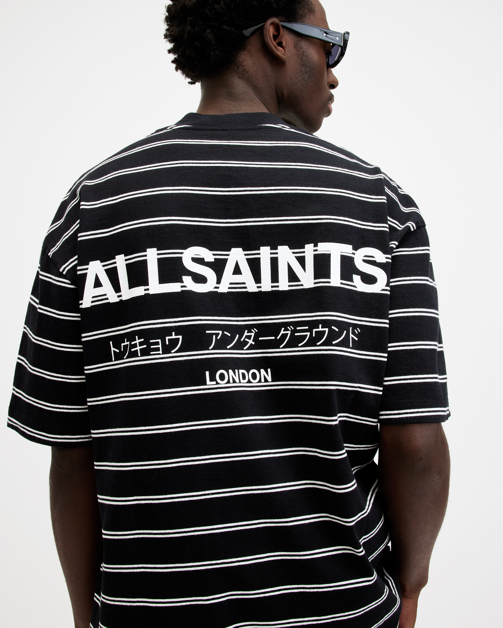 AllSaints Underground Oversized Striped T-Shirt,, Jet Blk/chalk Whte, Size: