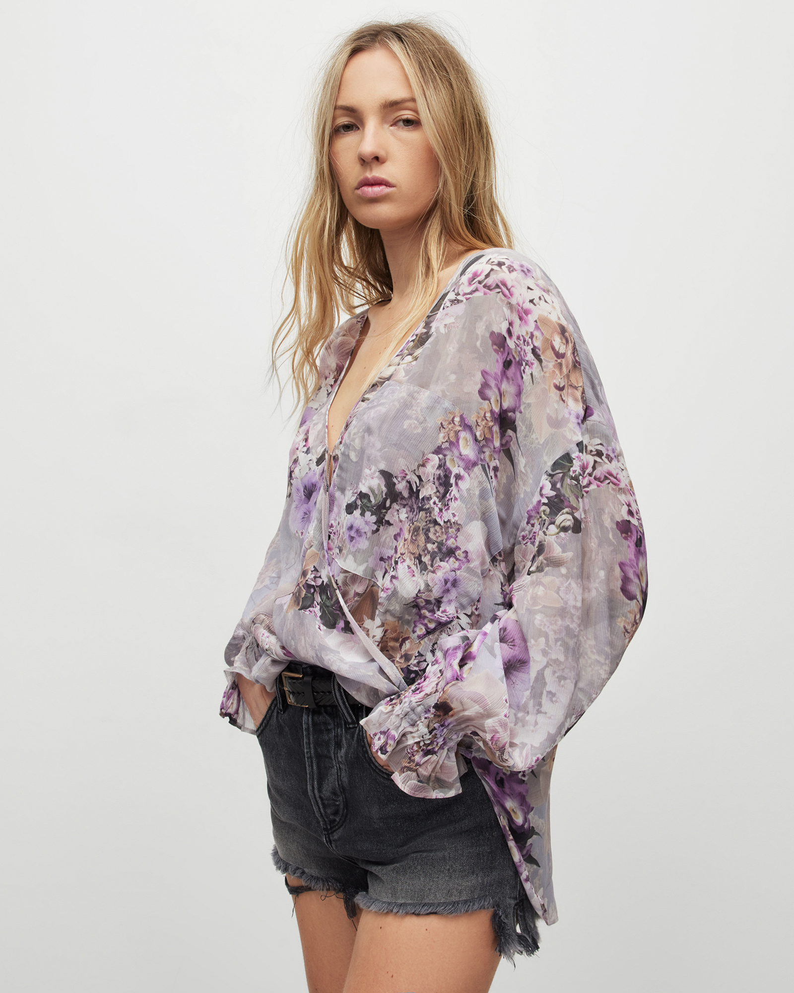 Penny V-Neck Frill Lucia Floral Top STORM GREY | ALLSAINTS