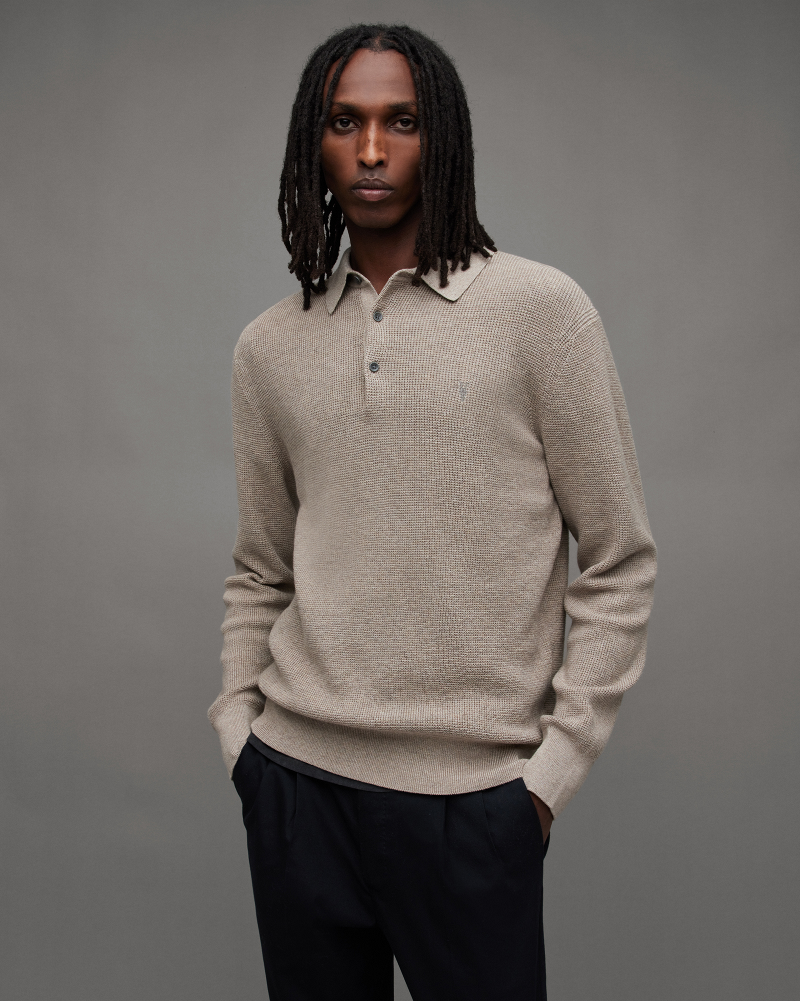 Aspen Long Sleeve Waffle Polo Jumper STONE TAUPE MARL | ALLSAINTS