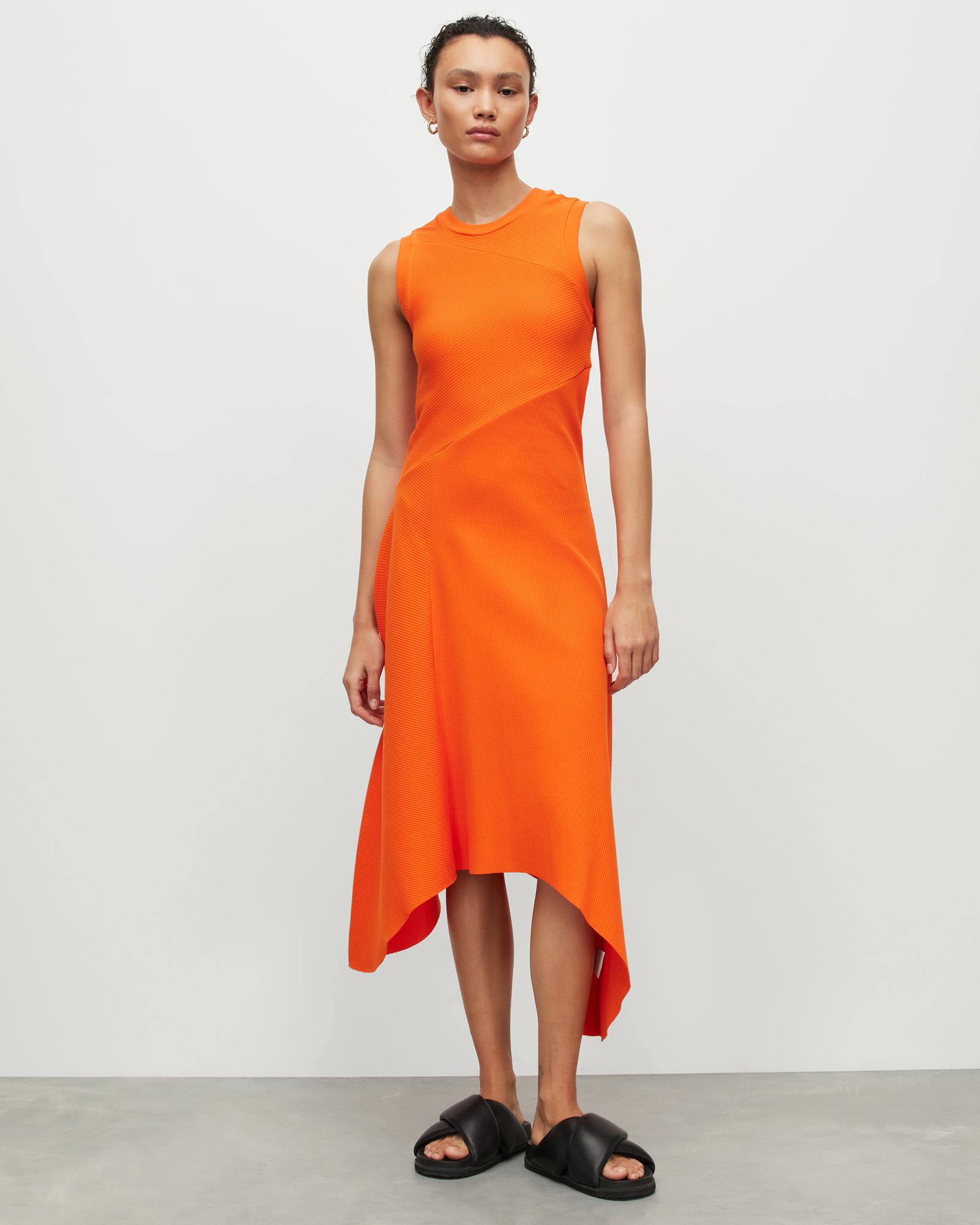 Gia Asymmetrical Ribbed Midi Dress POP ORANGE ALLSAINTS Canada