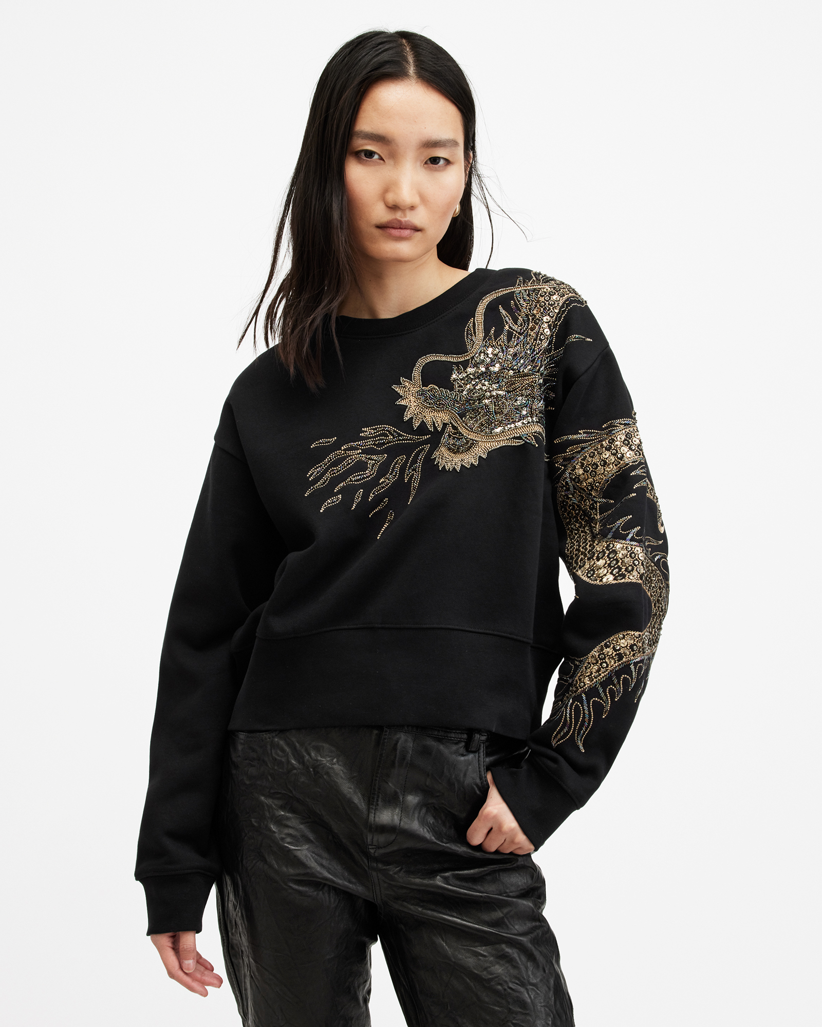 AllSaints Dragon Embellished Separo Sweatshirt,, Black