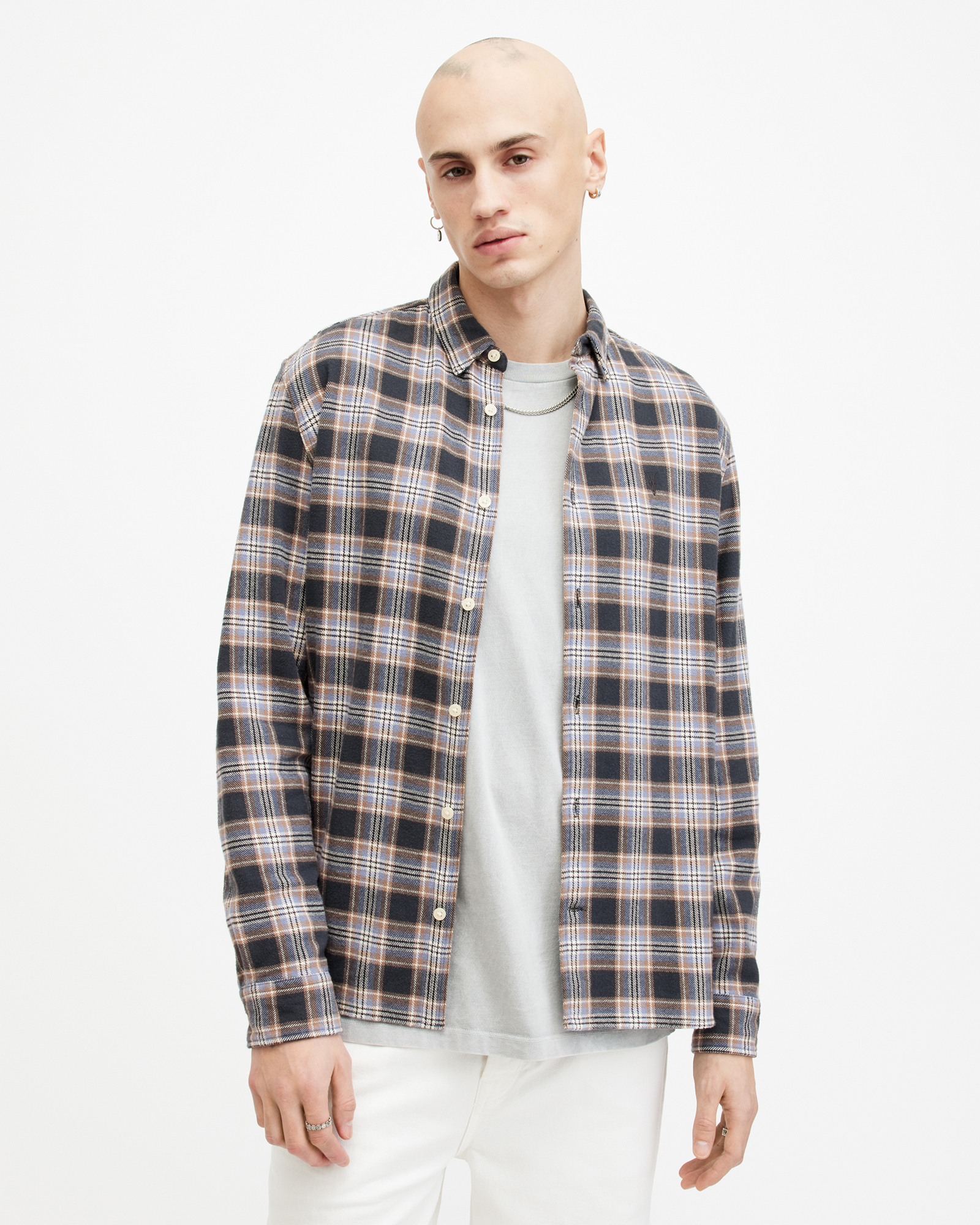 AllSaints Ventana Checked Relaxed Fit Shirt,, Marine Blue