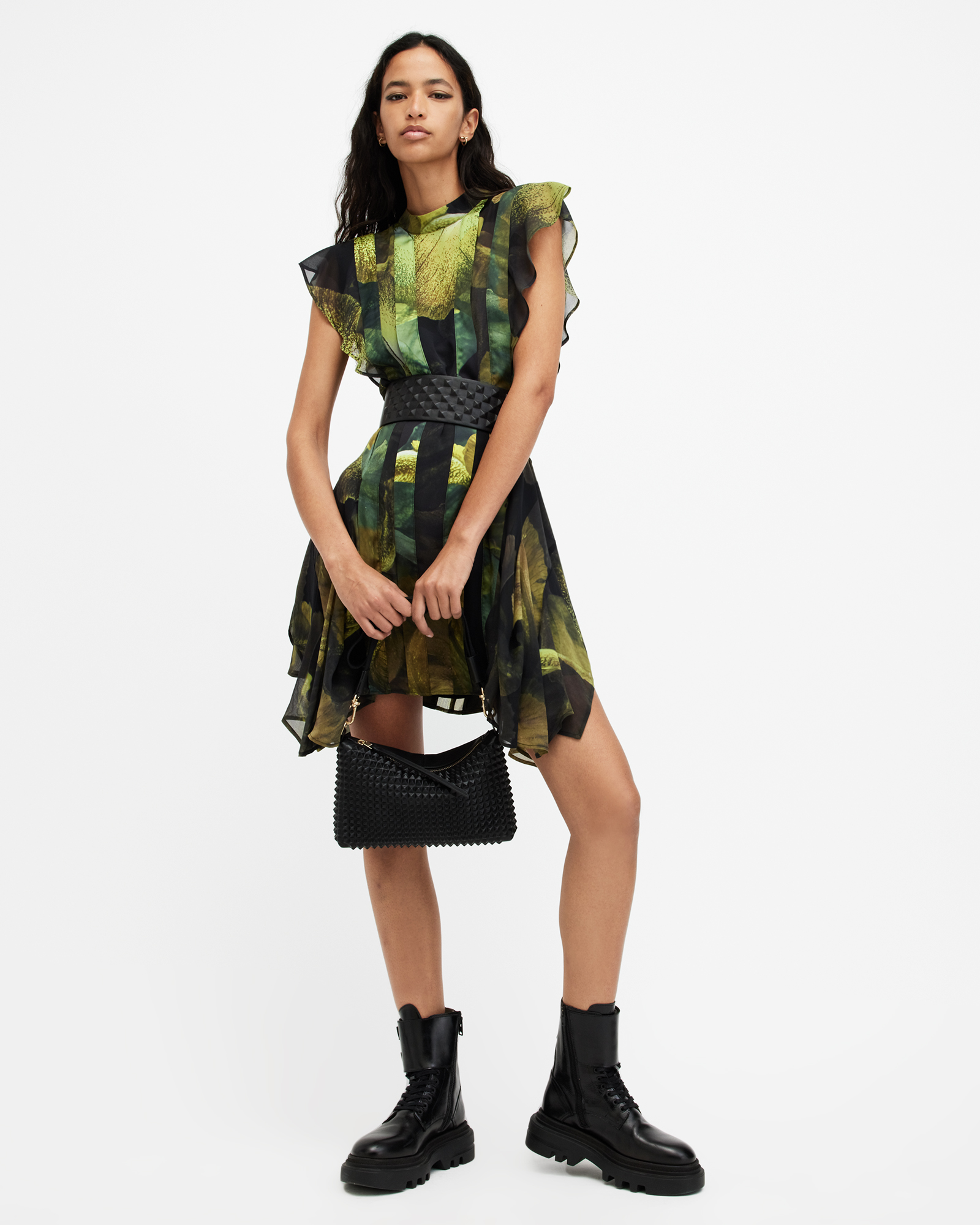 Fleur Printed Asymmetric Hem Dress AGNES IRIS GREEN ALLSAINTS