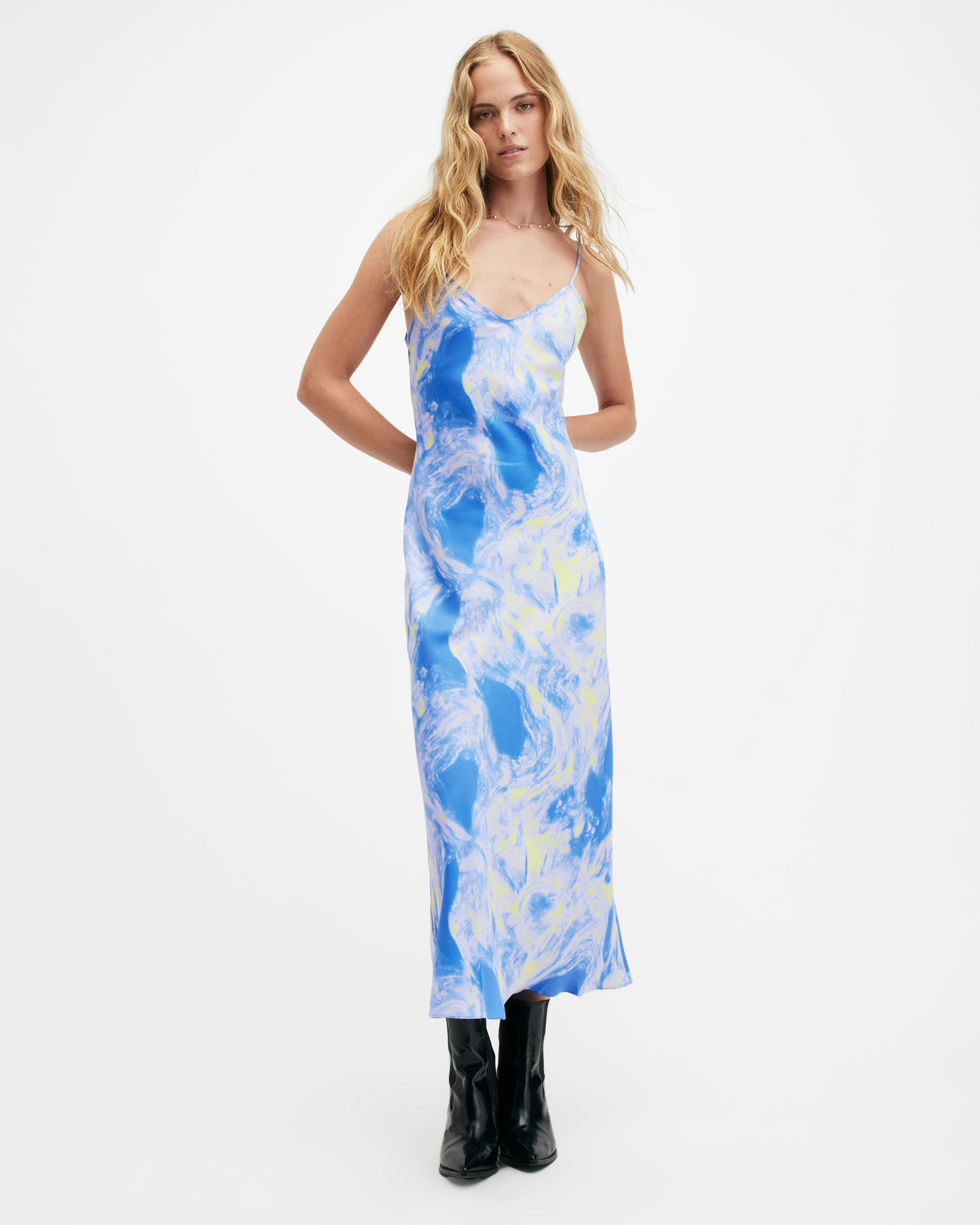 AllSaints Bryony Spiral Print Midi Slip Dress,, VIOLET BLUE