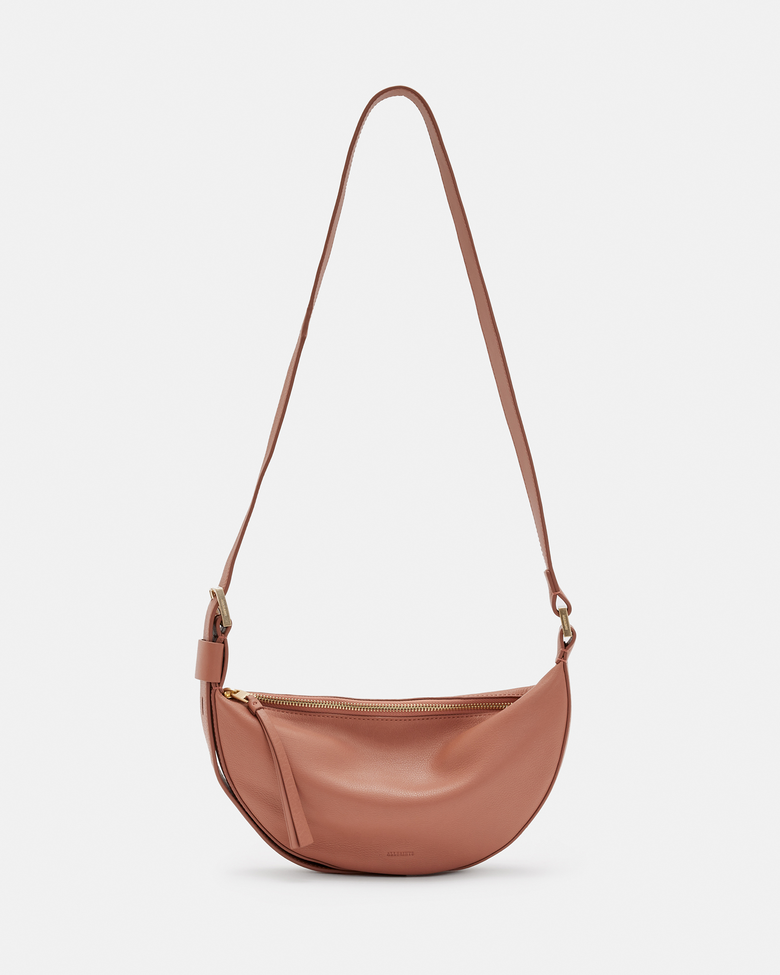 Allsaints Half Moon Leather Crossbody Bag In Terracotta Pink