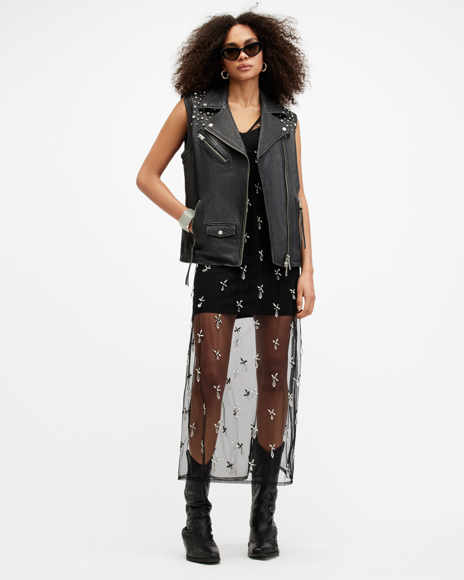 Kai Mesh Crystal Embellished Maxi Dress Black | ALLSAINTS Canada