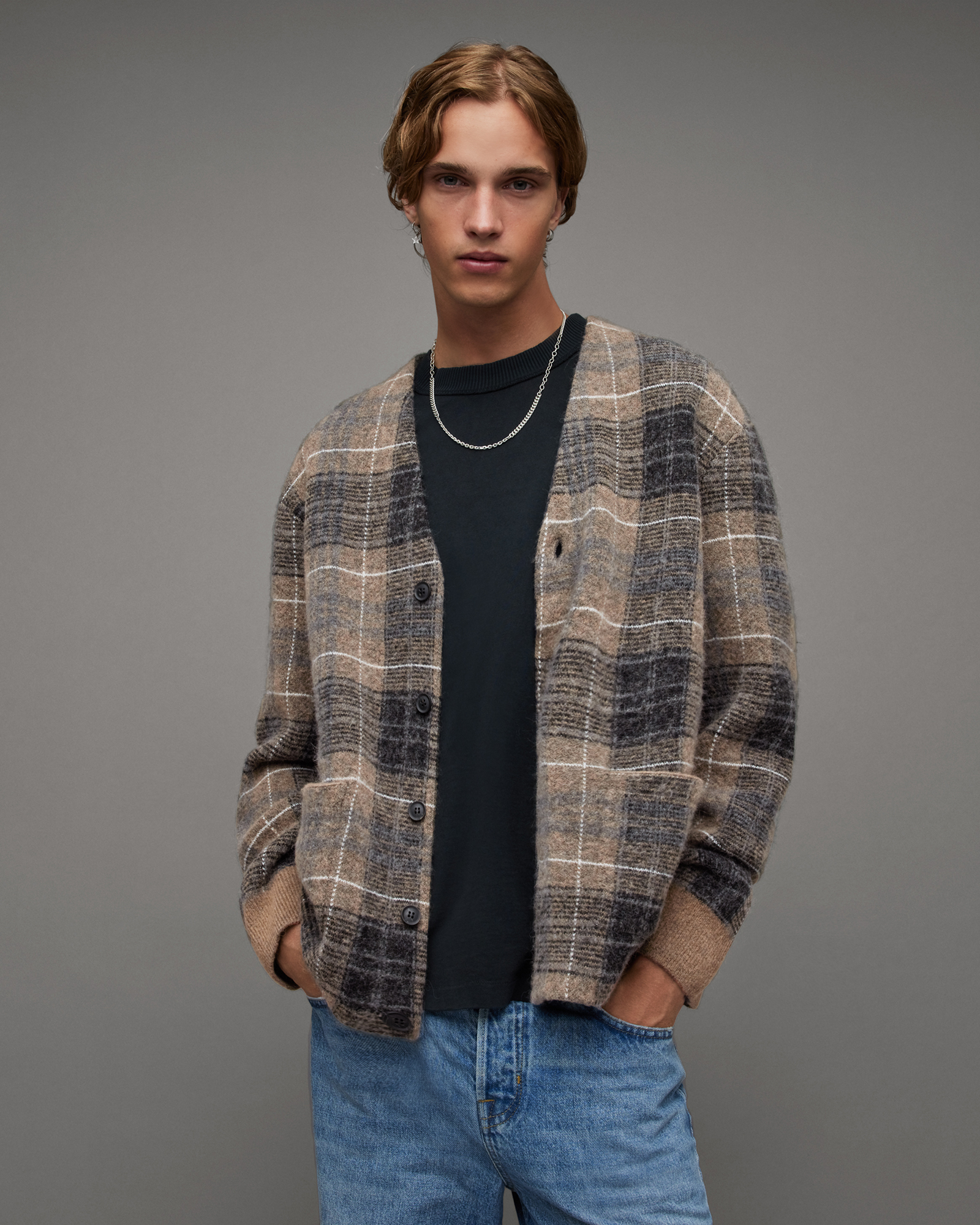Aldrin Checked Oversized Cardigan YEW BROWN | ALLSAINTS