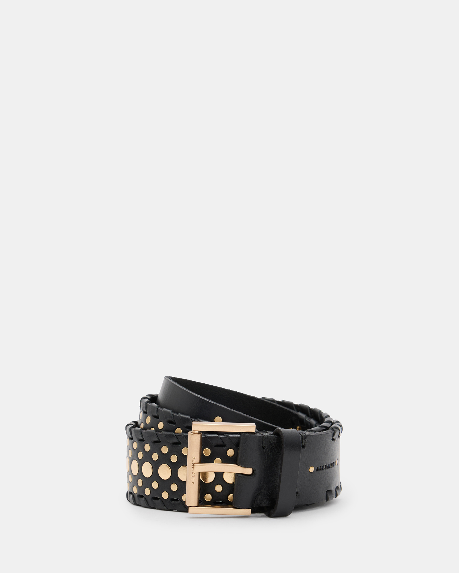 AllSaints Lonnie Studded Woven Leather Belt,, Black/warm Brass, Size: