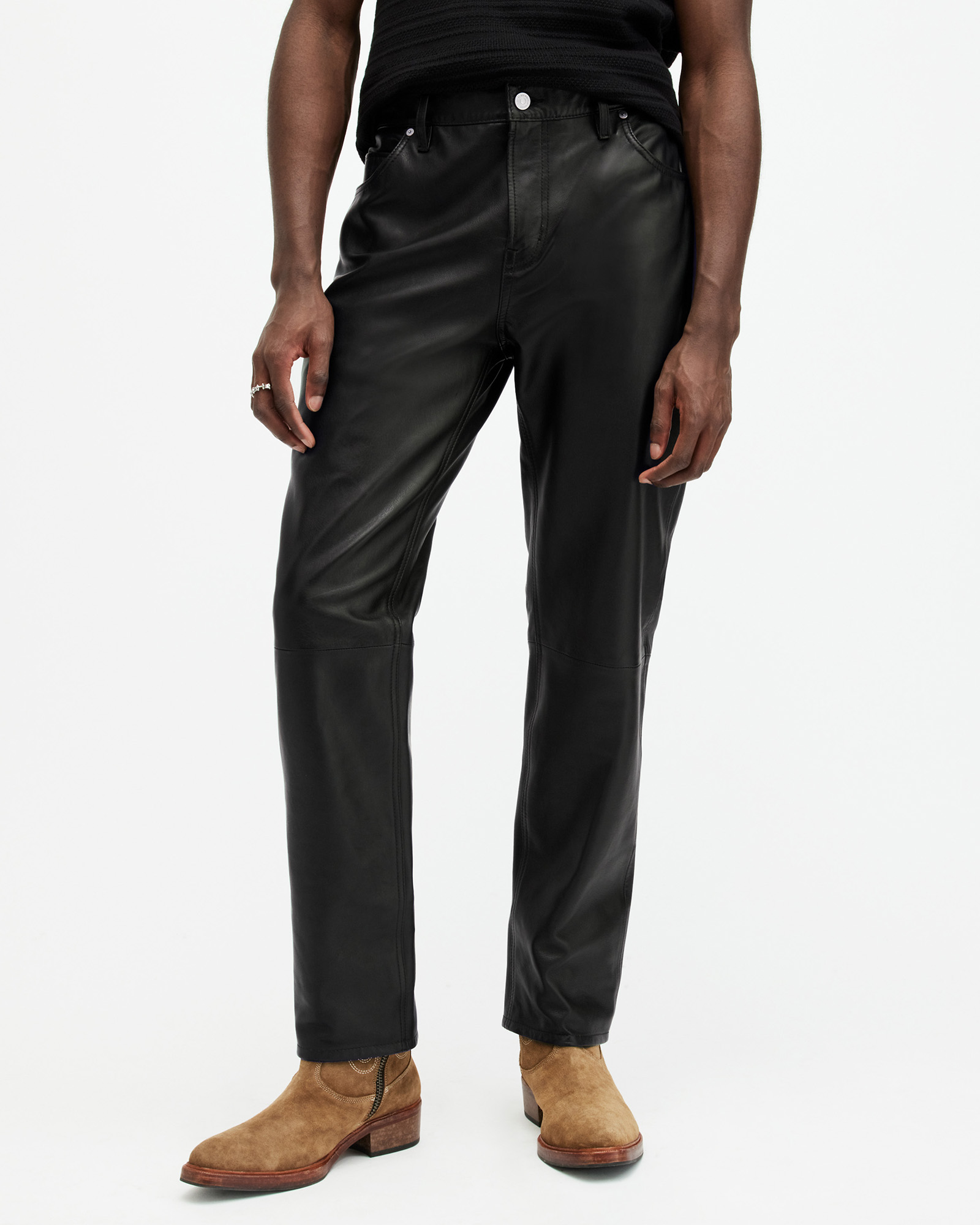 ALLSAINTS Jen Mid-Rise Leather Jogger Trousers in Black