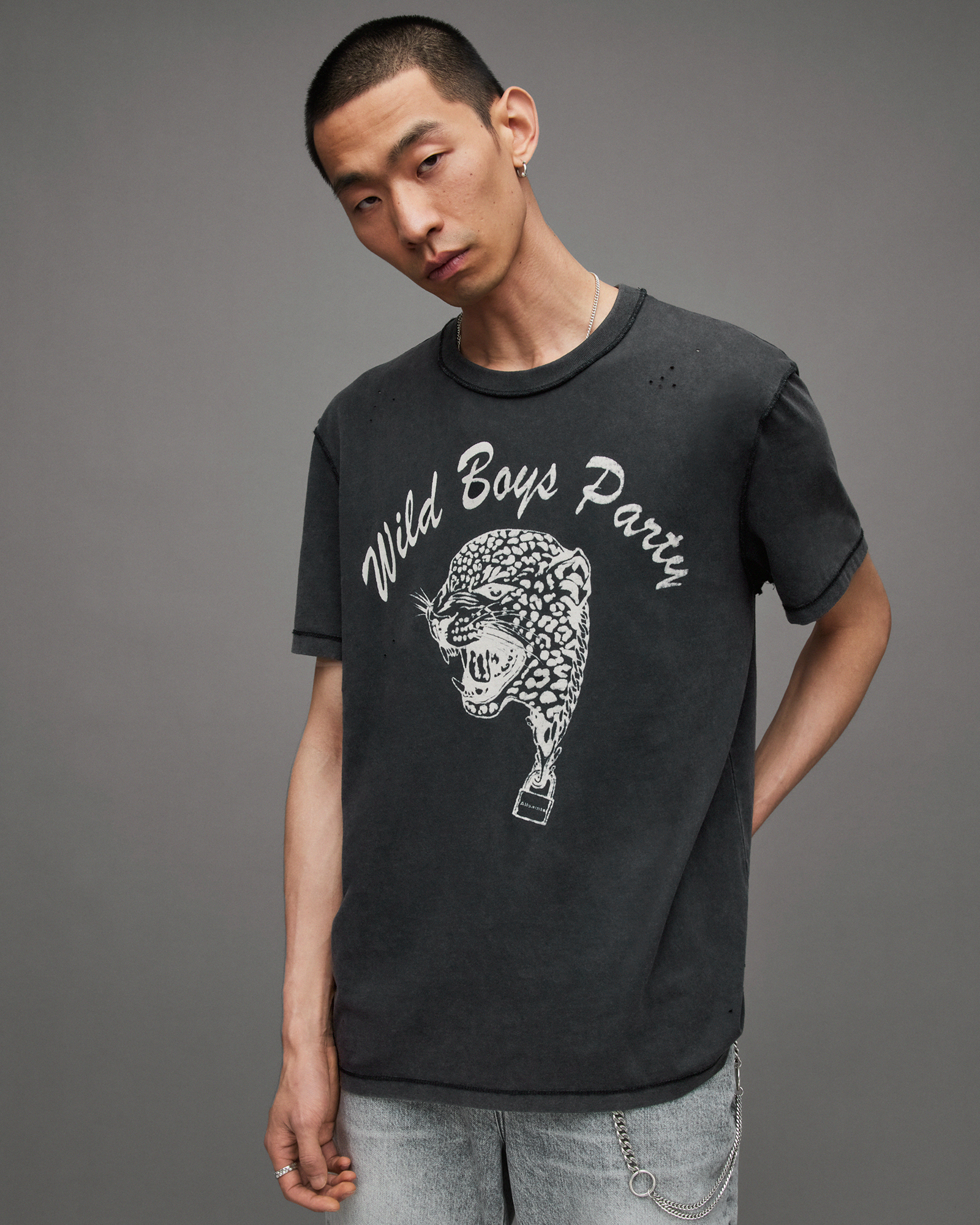 Wild Boys Reverse Print Crew T-Shirt Washed Black | ALLSAINTS