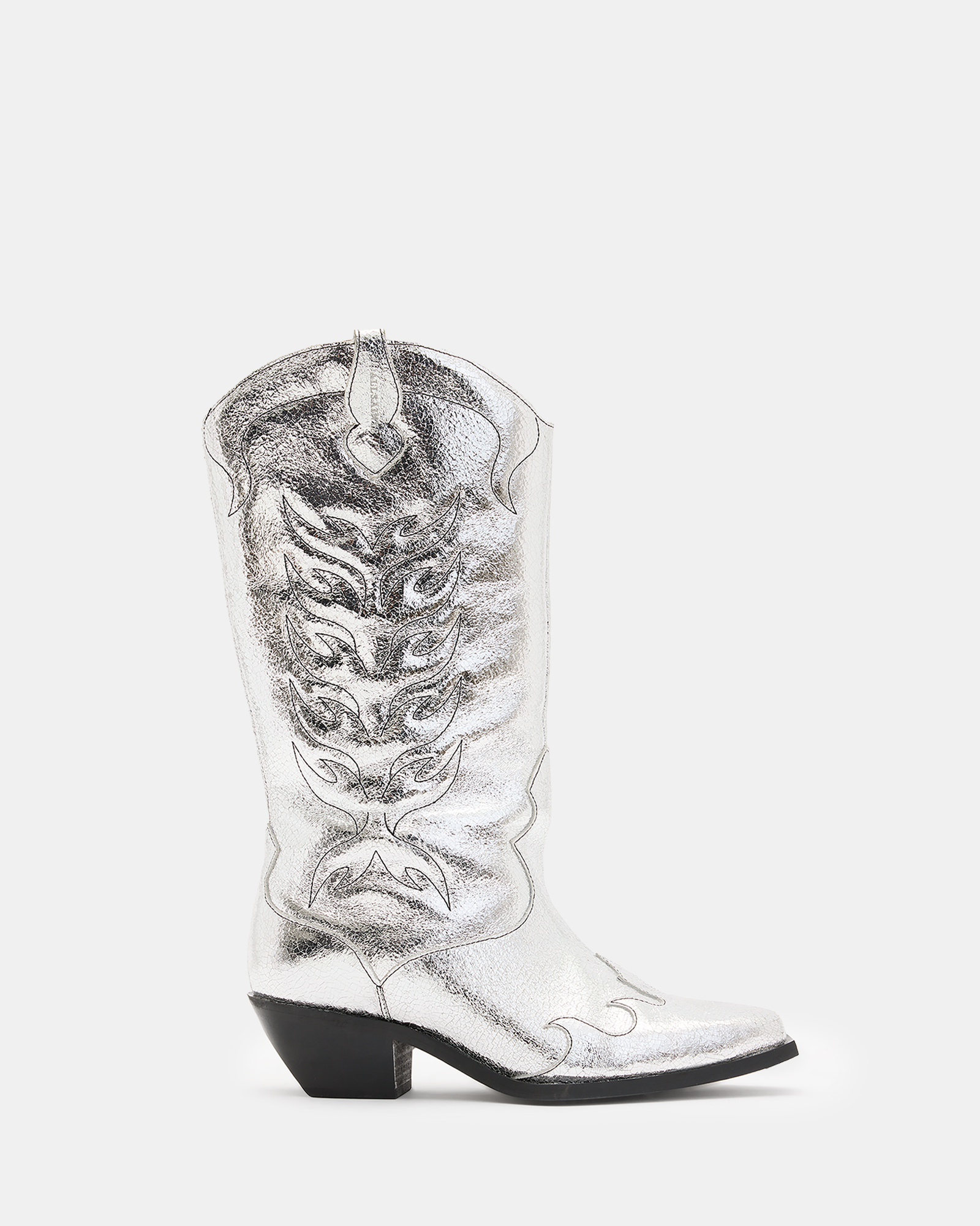 AllSaints Dolly Metallic Leather Western Boots,, Metallic Silver