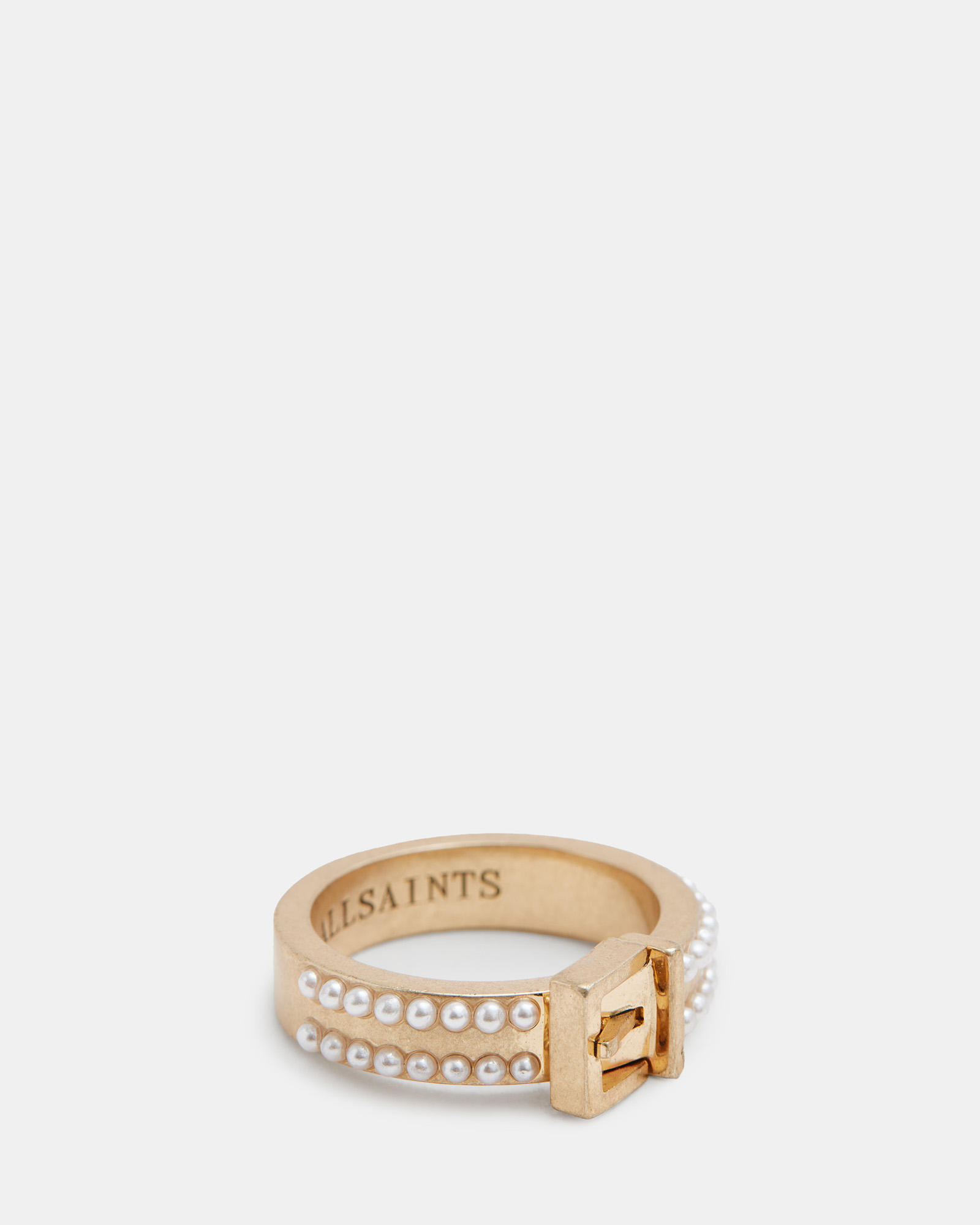 Allsaints Brea Beaded Buckle Shape Ring In Warm Brass/white