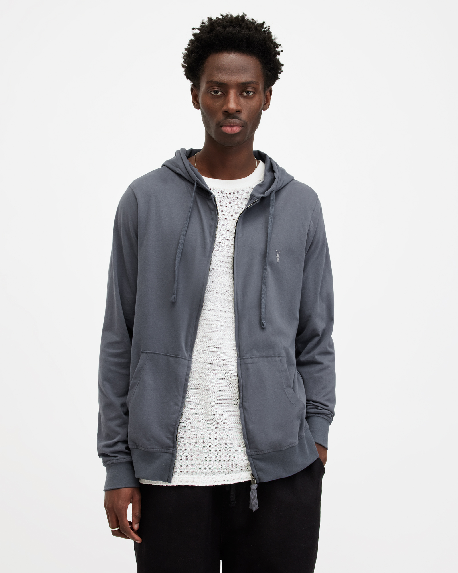 Brace Zip Up Brushed Cotton Hoodie Workers Blue | ALLSAINTS Canada
