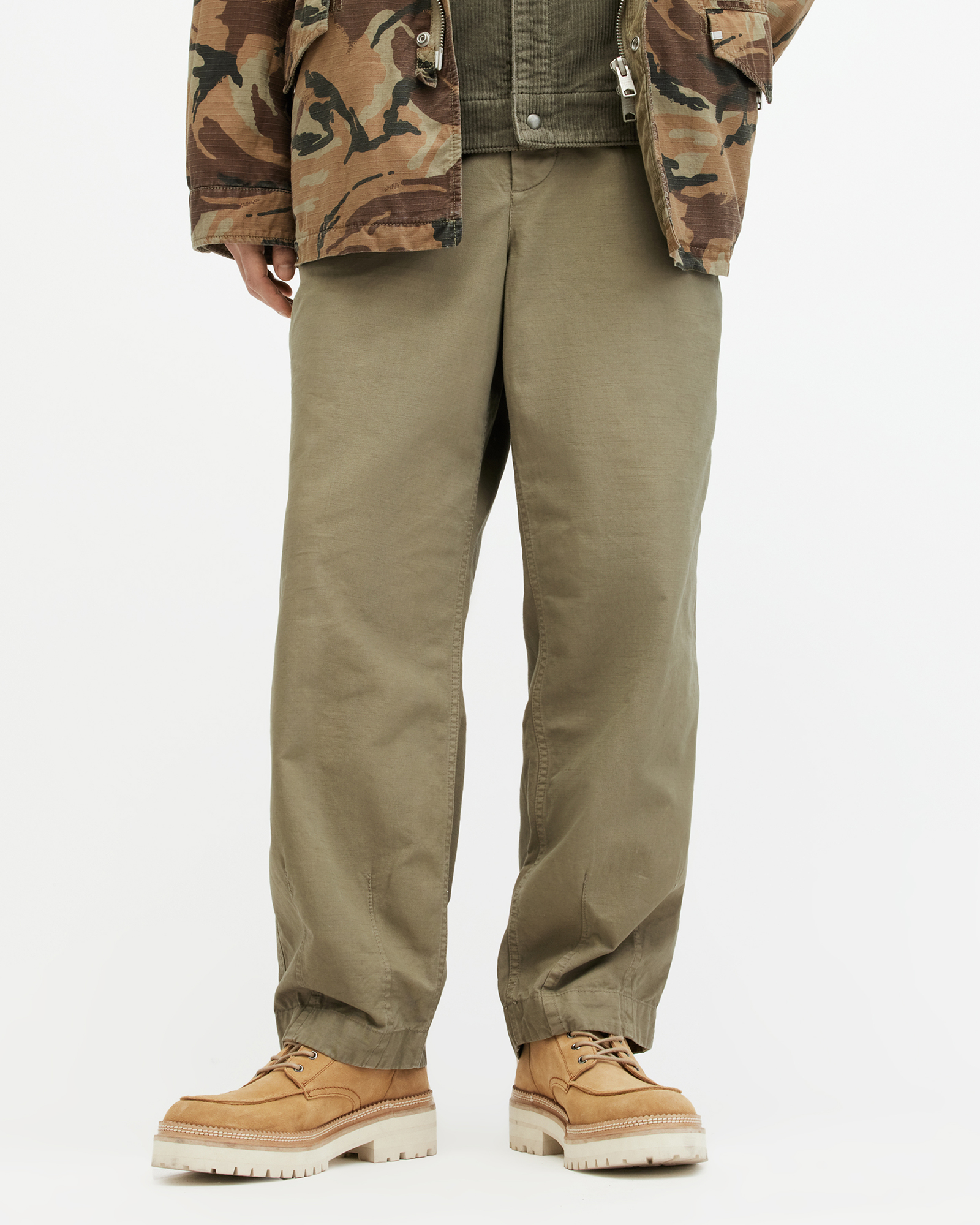 AllSaints Buck Wide Tapered Fit Trousers,, Military Green, Size: 34