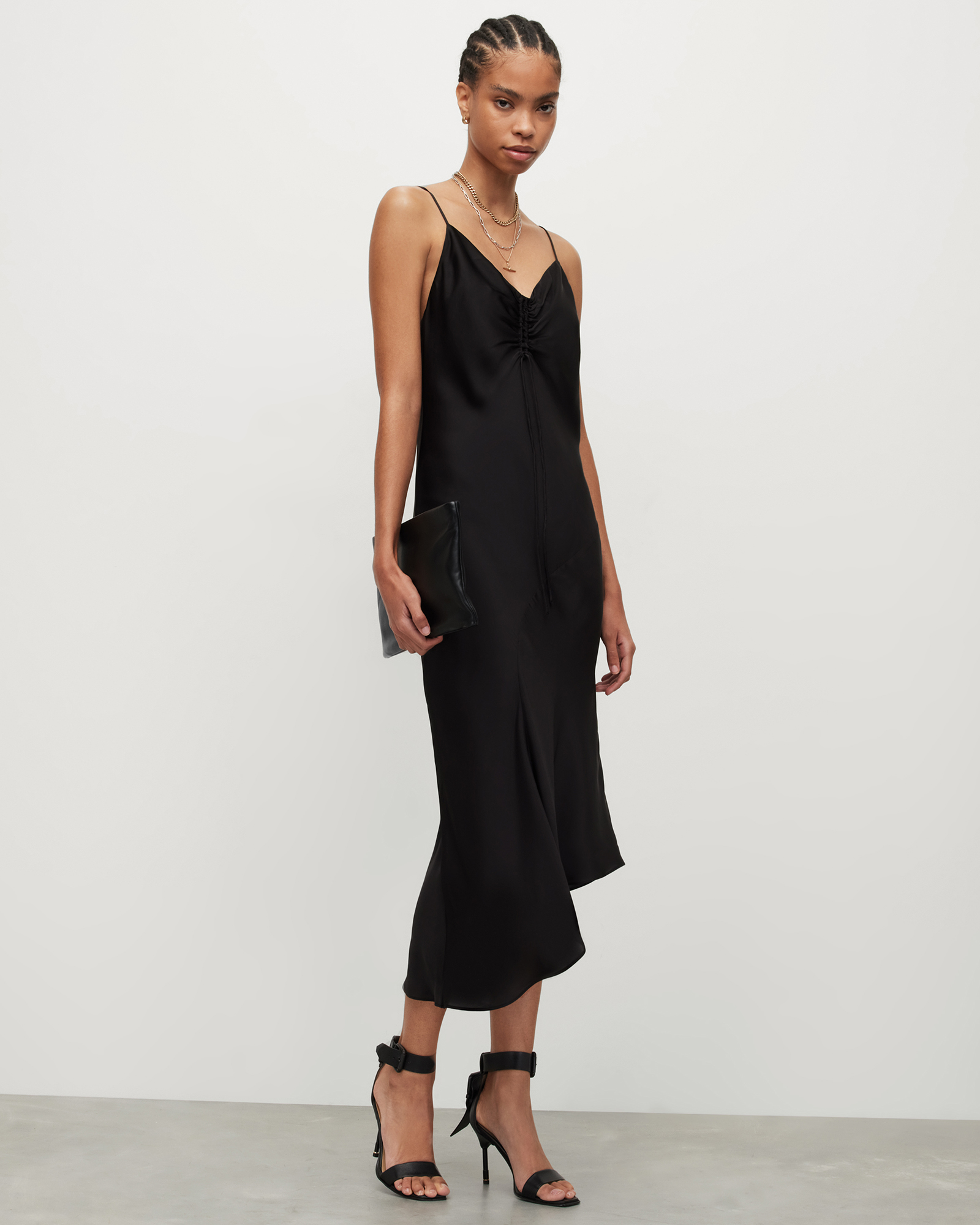 Alexia V-Neck Drawstring Midi Slip Dress Black | ALLSAINTS Canada