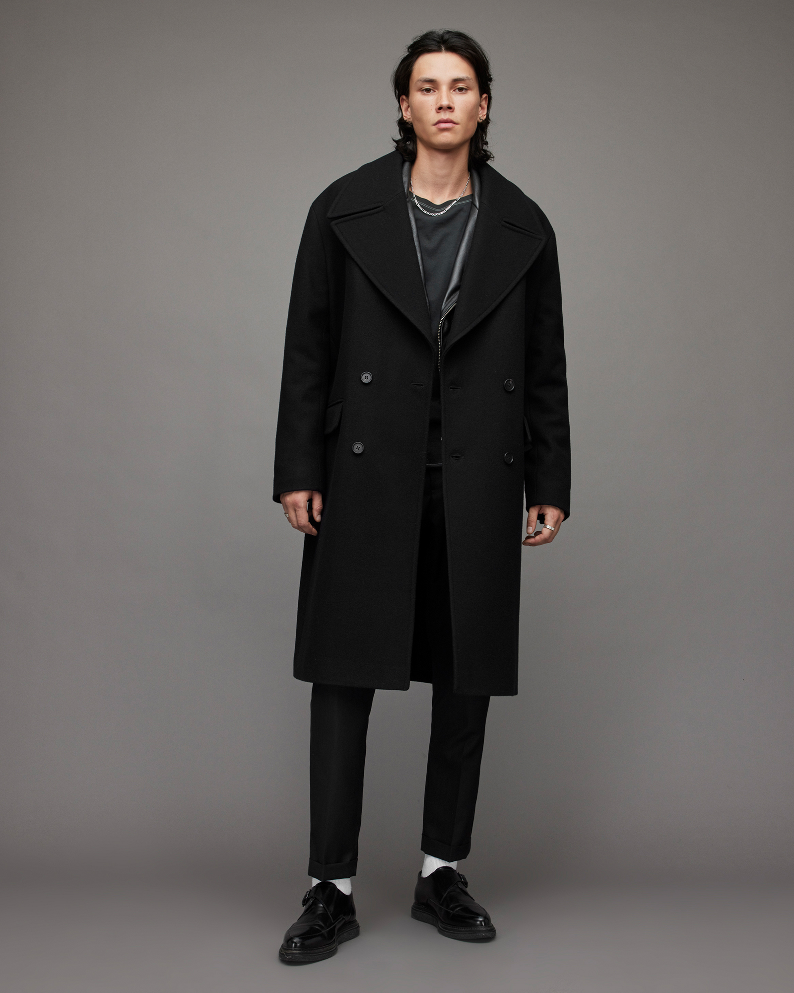 all saints long black coat