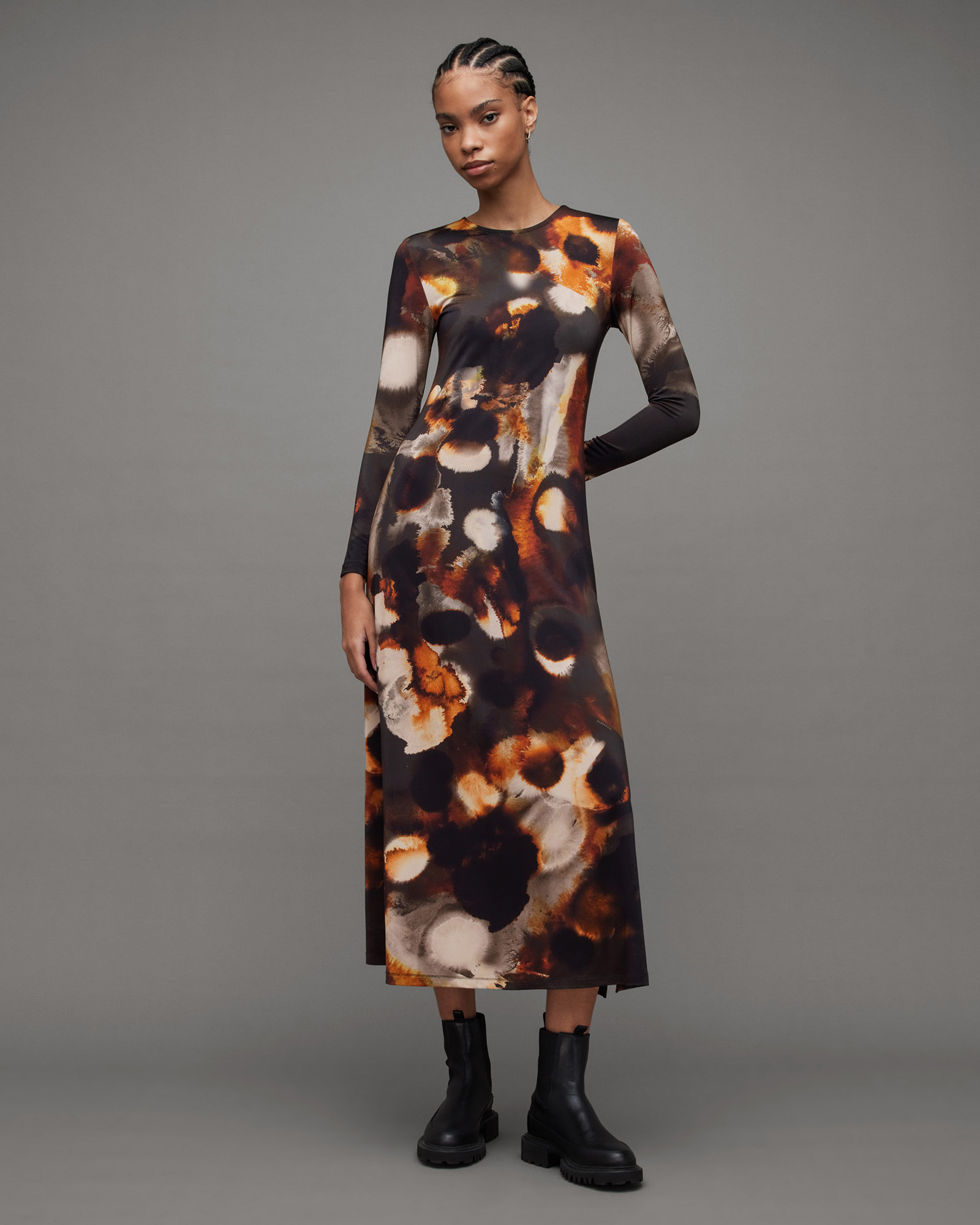 AllSaints Katlyn Mars Print Stretch Maxi Dress,, Rust Brown