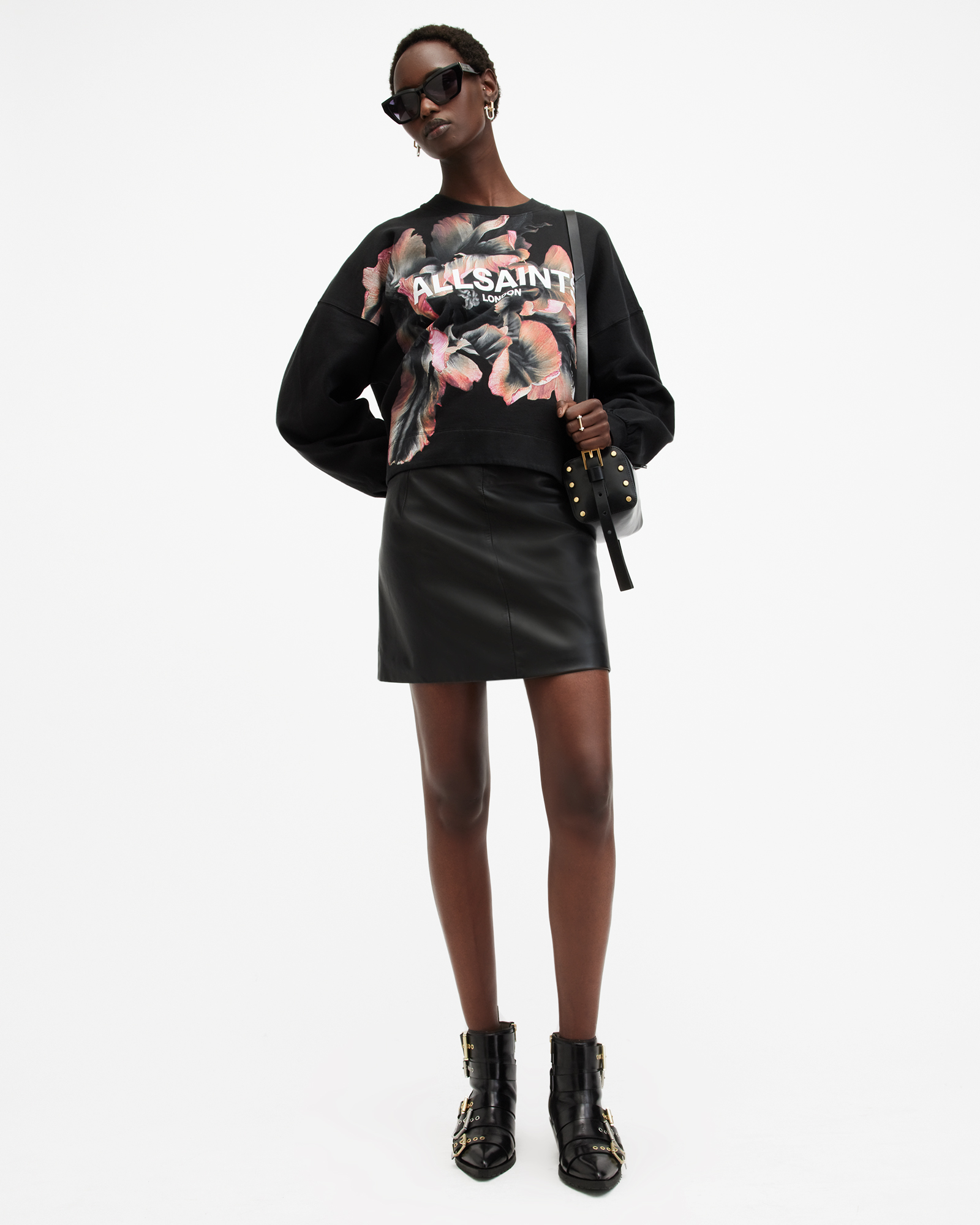 AllSaints Fleurir Lila Oversized Sweatshirt,, Black, Size: