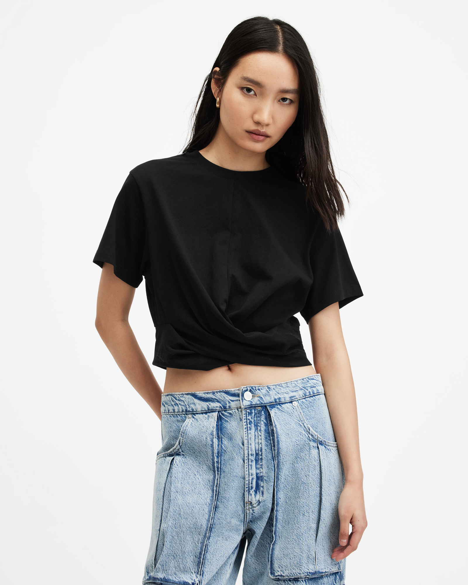 AllSaints Mallinson Cropped Slim Wrap Over T-Shirt,, Black, Size: UK