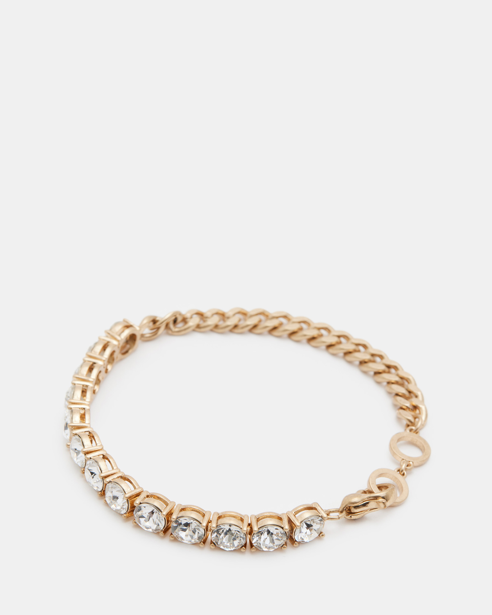 Allsaints Delmy Crystal Curb Chain Bracelet In Warm Brass/crystal