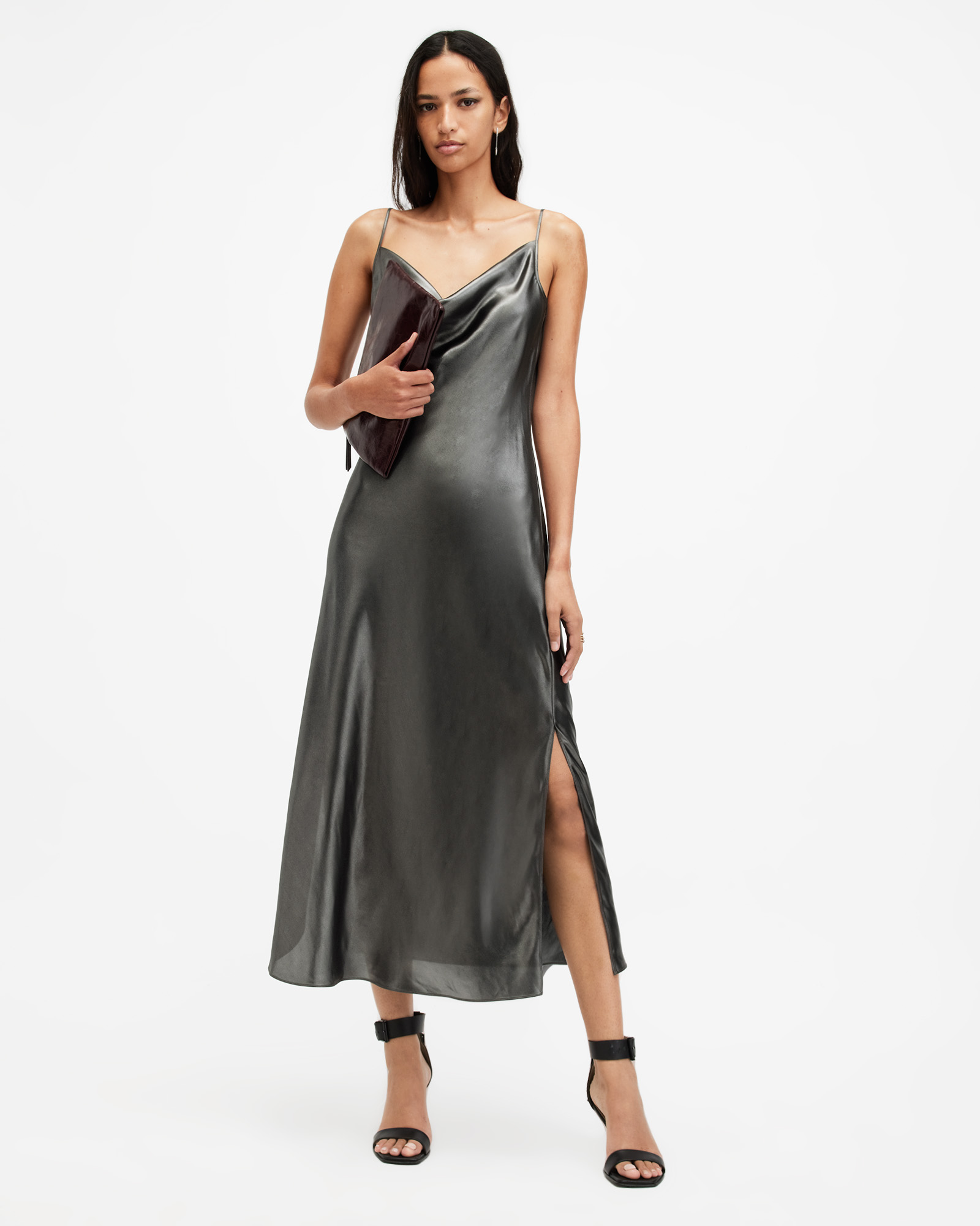 Allsaints Hadley Metallic Midi Slip Dress In Metallic Grey