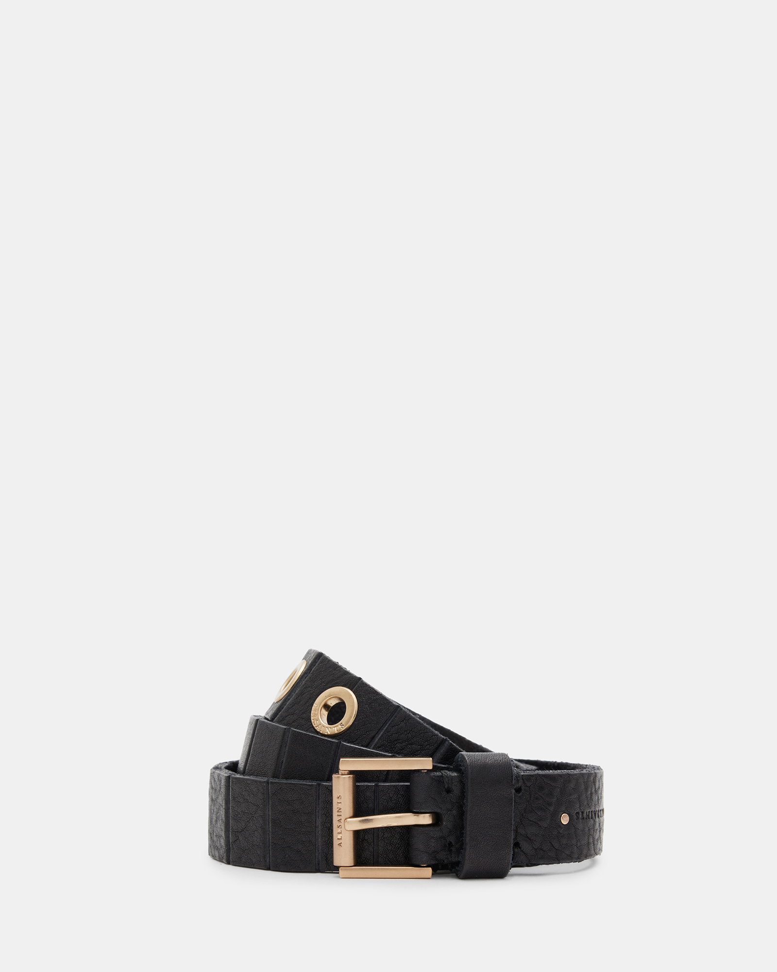 AllSaints Kylin Leather Skinny Belt,, Black/warm Brass, Size: